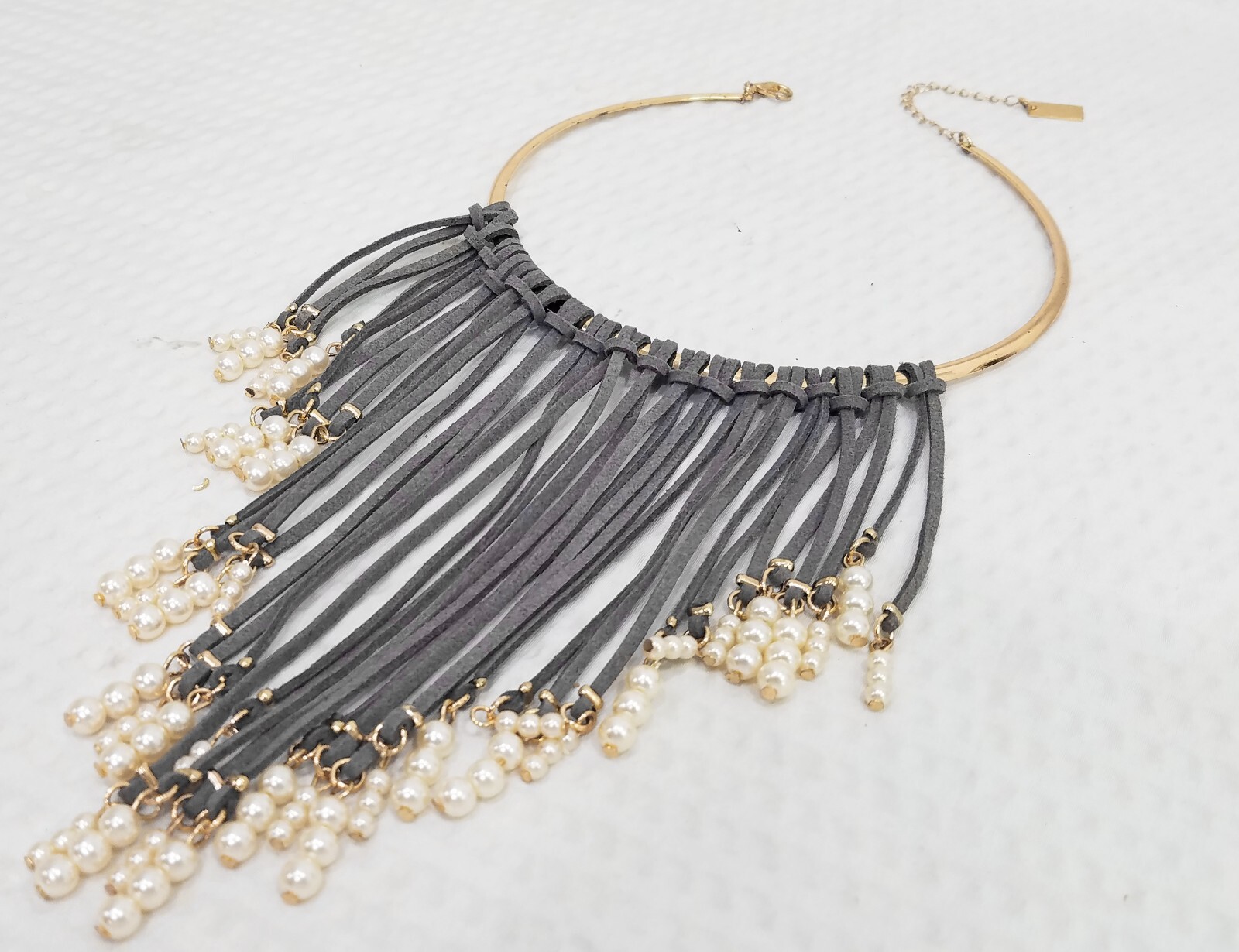 Vintage Signed INC Boho Taupe Suede & Pearl Bead Fringe Bib Gold Tone Neck Ring