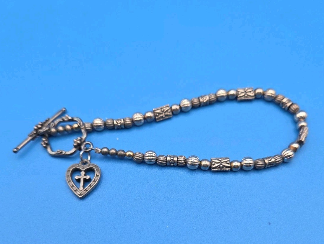 Vintage Silver Toned Toggle Bracelet With Cross & Heart