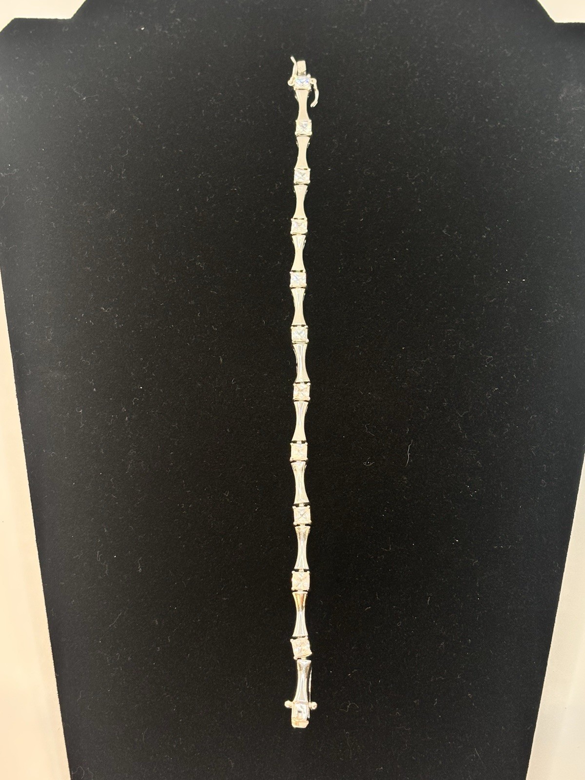 Vintage 925 Sterling Silver Princess Cut CZ Bamboo Link Tennis Bracelet 7″