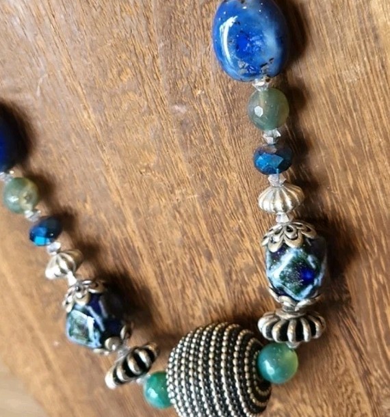 Vtg Multicolored Stone Beaded Silver Tone Necklace Toggle Closure, Free Shipping