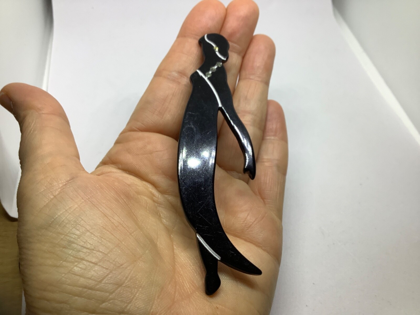 Vintage Lucite Brooch Pin Flapper Lady Black Clear Rhinestones Large 4 inch