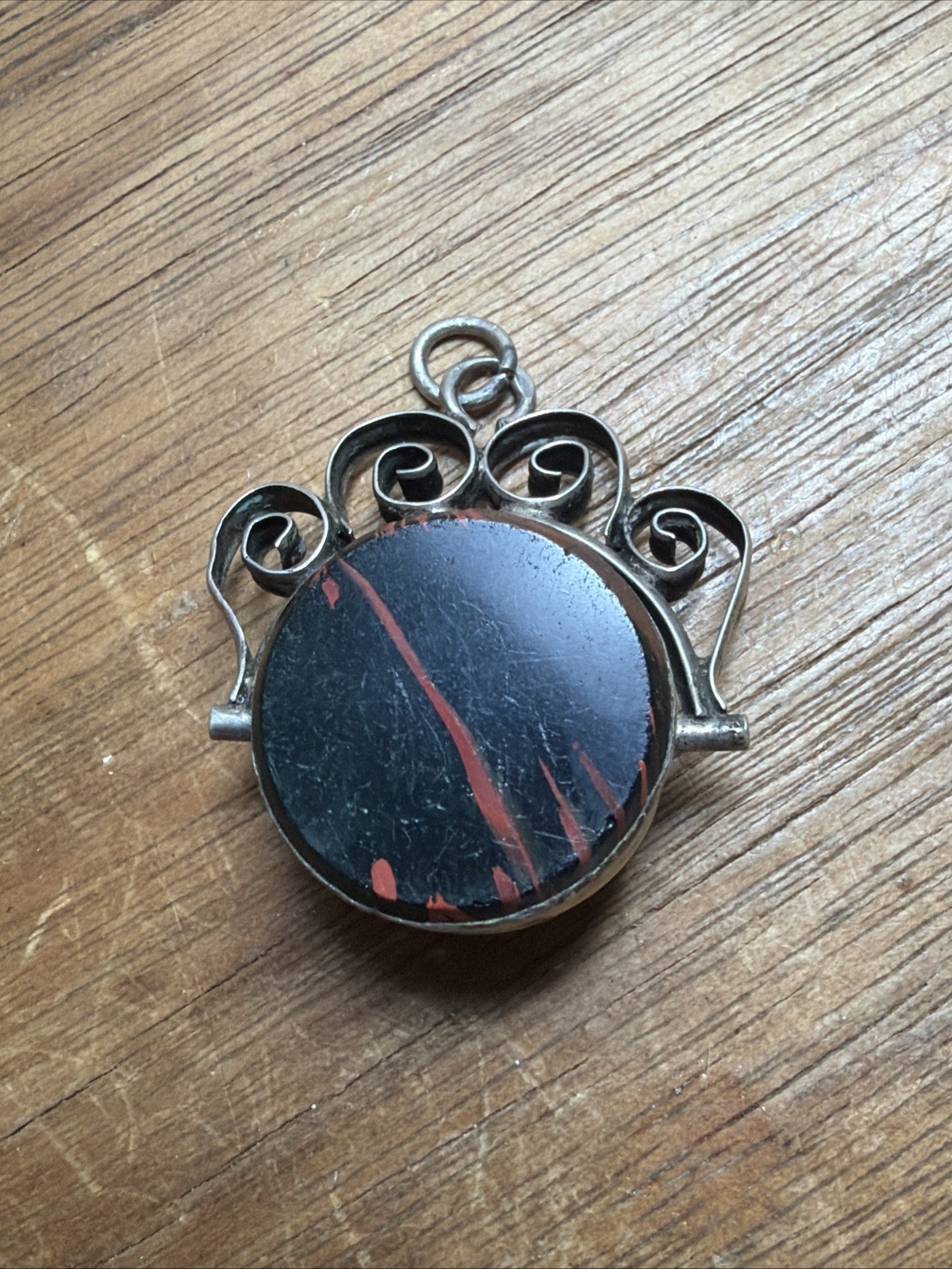 Antique Silver Reverse Glass Painting Equestrian Bloodstone Swivel Fob Pendant