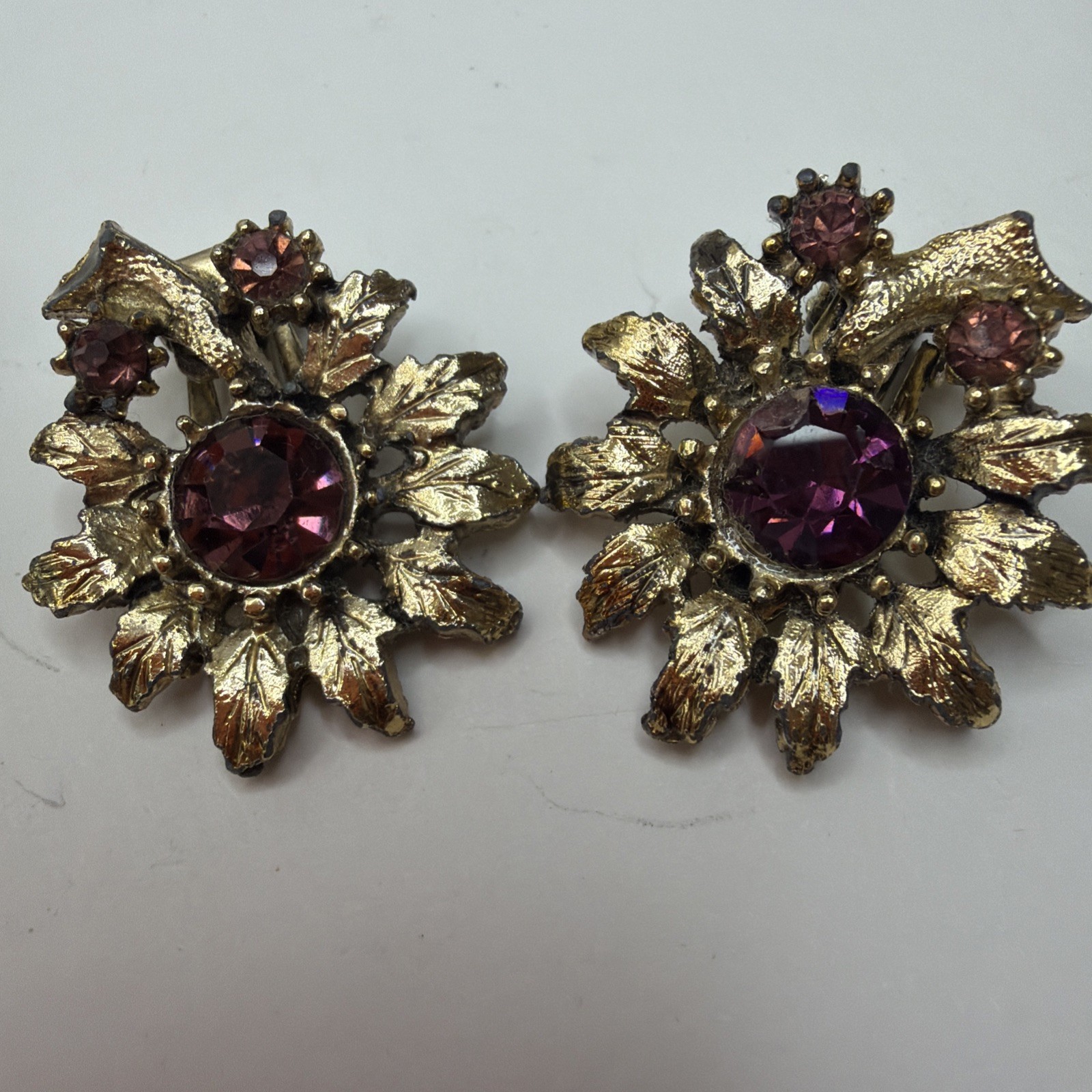 Vintage Floral Purple Rhinestone Brooch Pin And Clip On Earrings Set