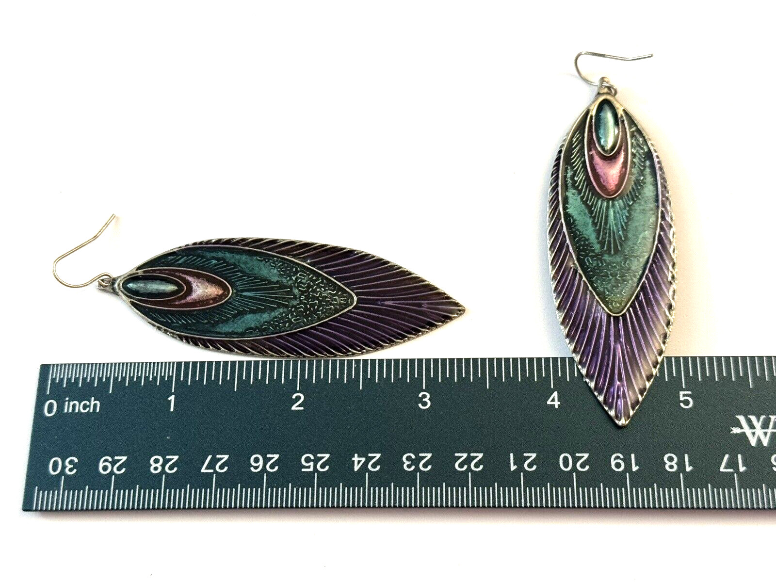Peacock Design Green Purple Pink Enamel Feather Dangle Pierced Earrings Estate