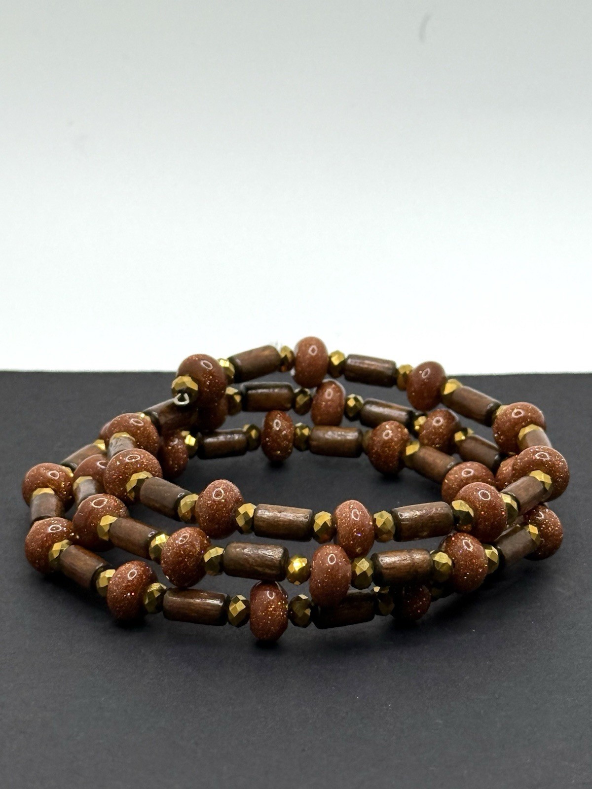 Vintage Bracelet Wood Goldstone Gemstone Wired Wrap Multi-strand Bohemian Boho