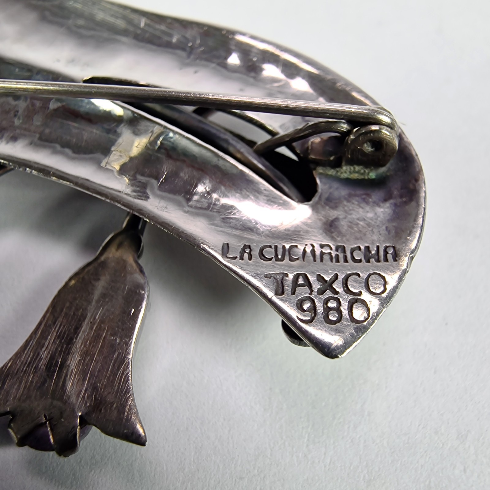 La Cucaracha Amethyst Tulip Flower Pin Brooch 980 Silver Taxco Mexico 1930 to 50
