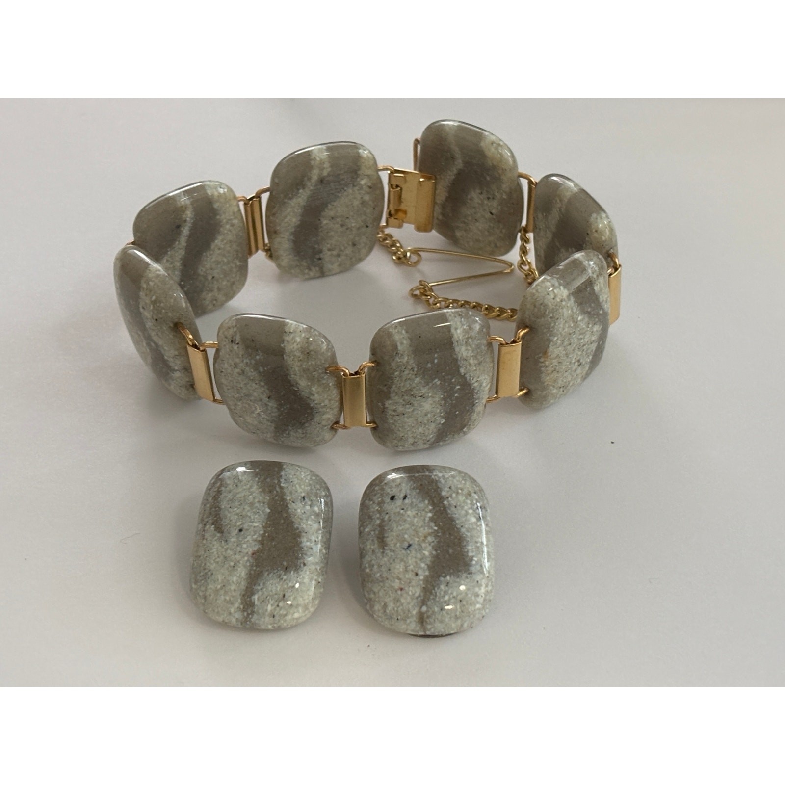 Vintage MCM Art Glass Panes Bracelet & Earrings Set Gold Tone Minimalist