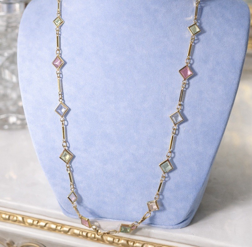 Vintage Pastel Glass Square Station Necklace – Bar Link Chain – Gold Tone – 30”