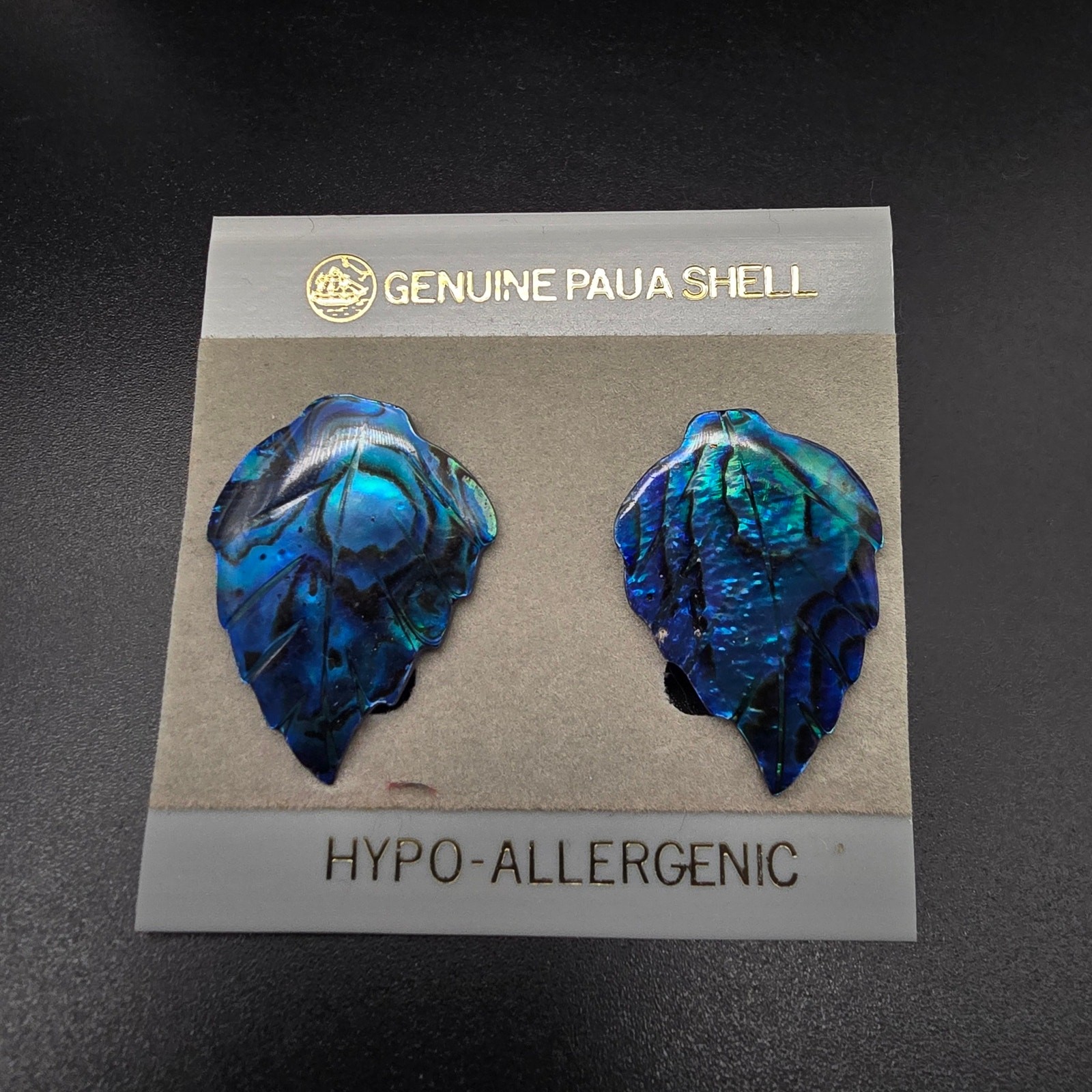 Blue Carved Leaf Paua Shell Earrings Pierced Post On Card