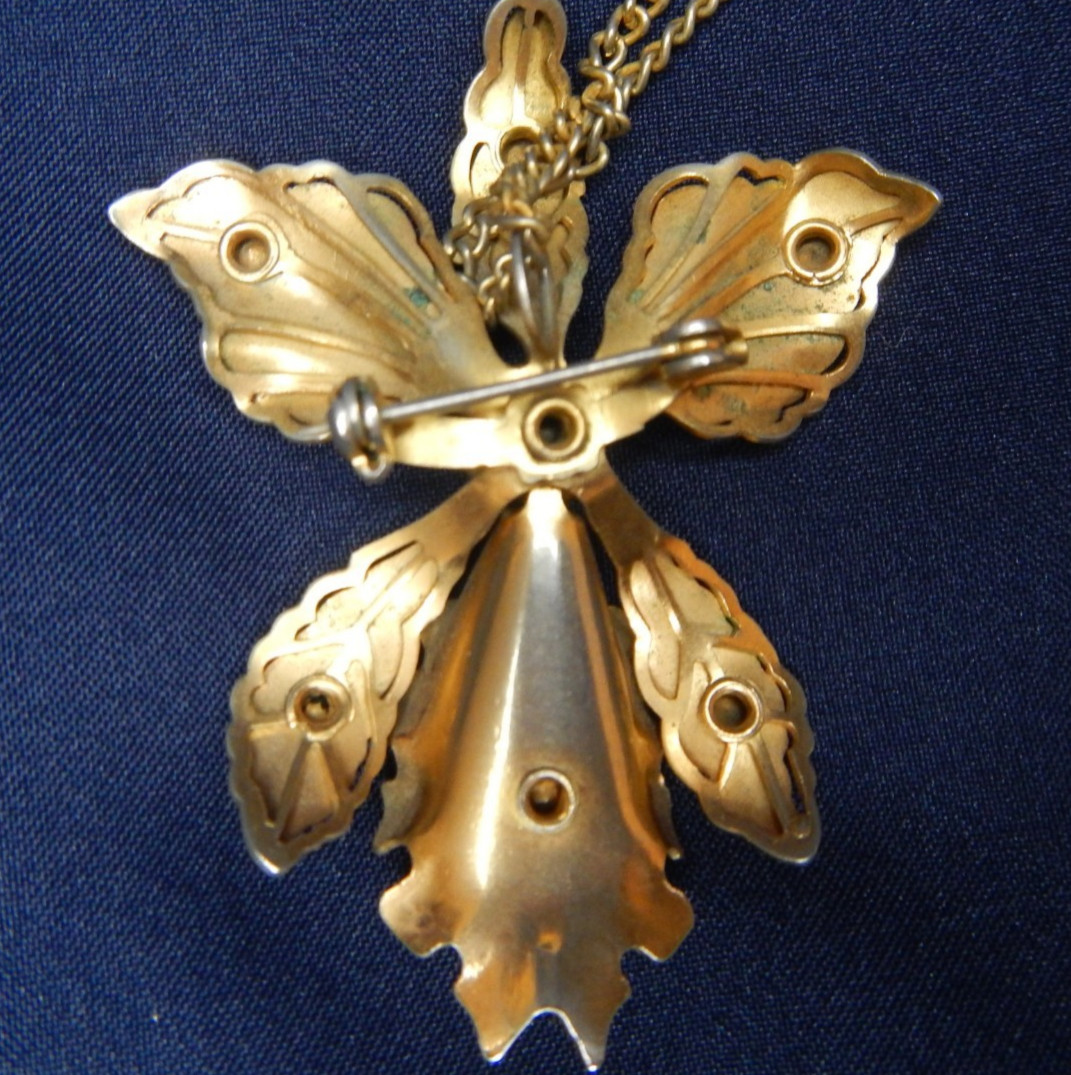 Bugbee and Niles Gold Tone and Purple Rhinestones Orchid Brooch Necklace