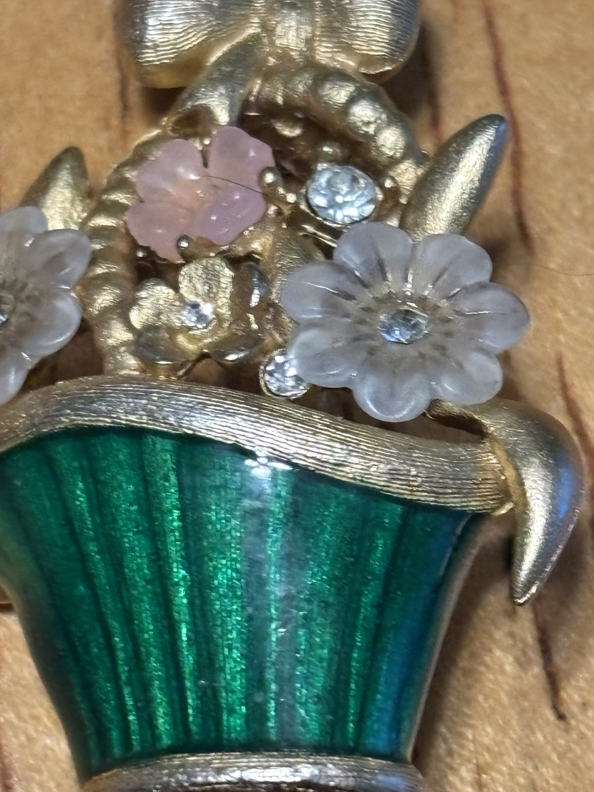 LIA Lucite Pink And White Blooms Green Enamel Flower Pot Brooch With Bonus