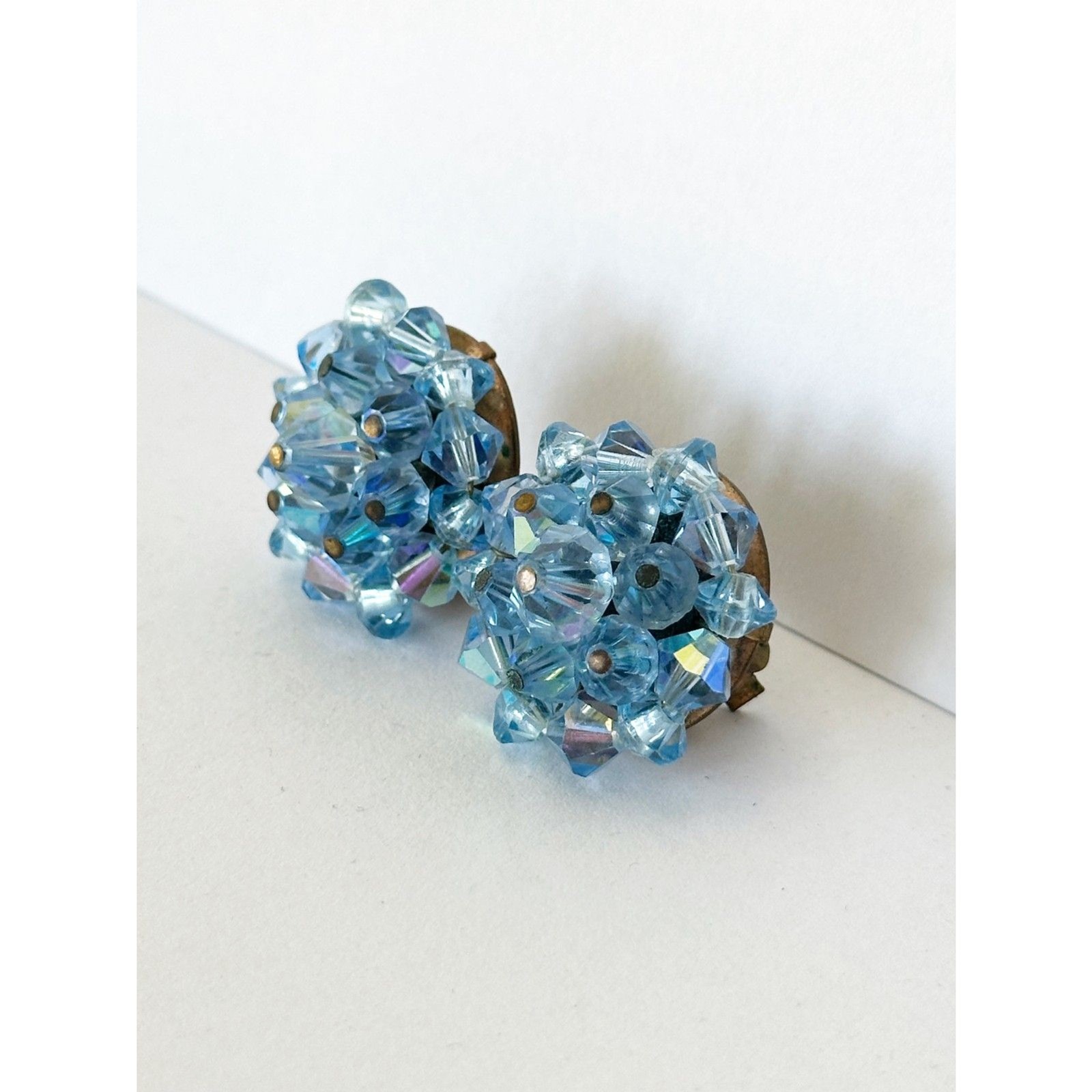 Vintage Earrings Bead Cluster Blue Faceted AB Glass Clip On Bicone Retro