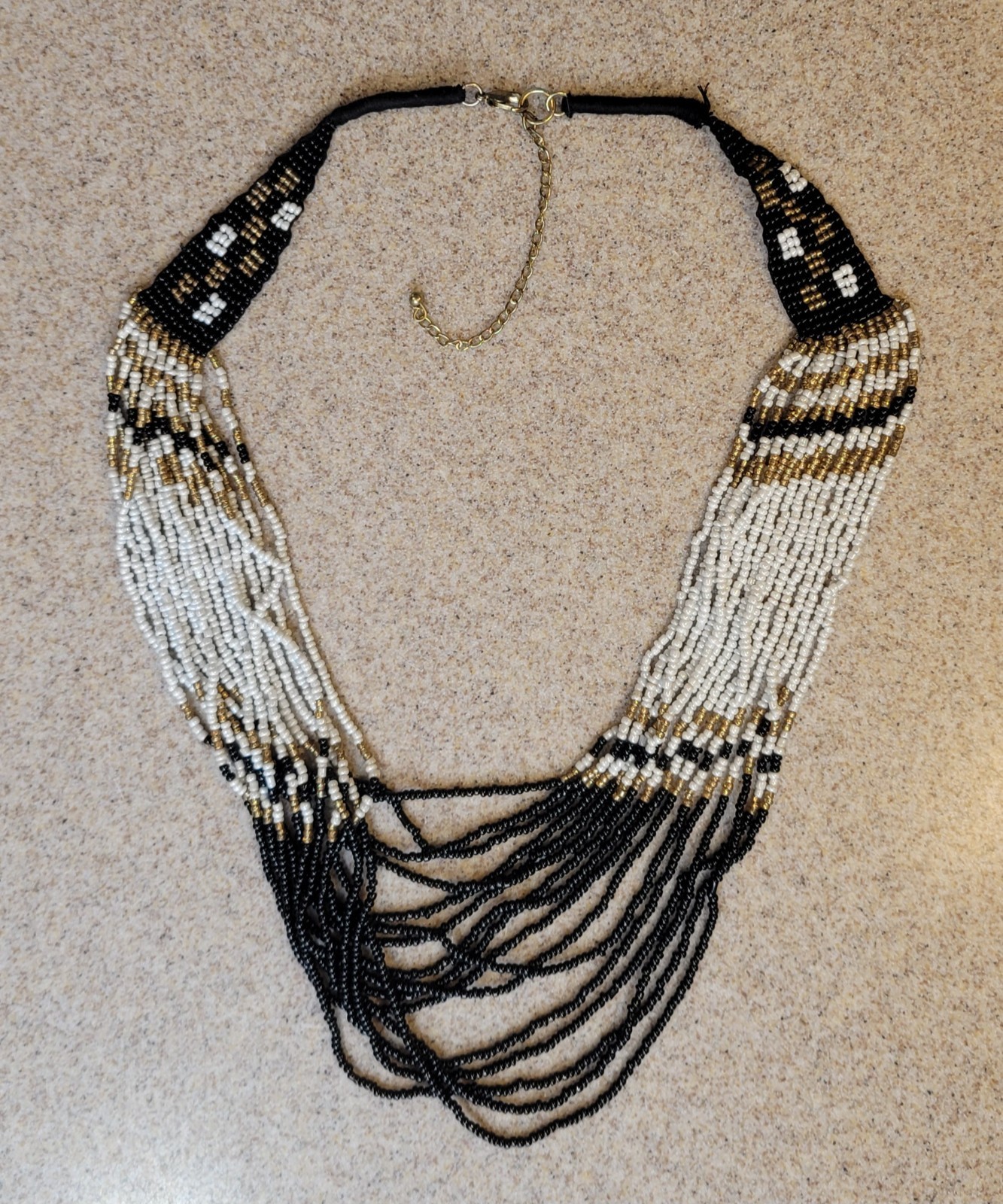 Vintage 16 Strand Black White Gold Seed Beads 22in Beaded Necklace 3in Extender