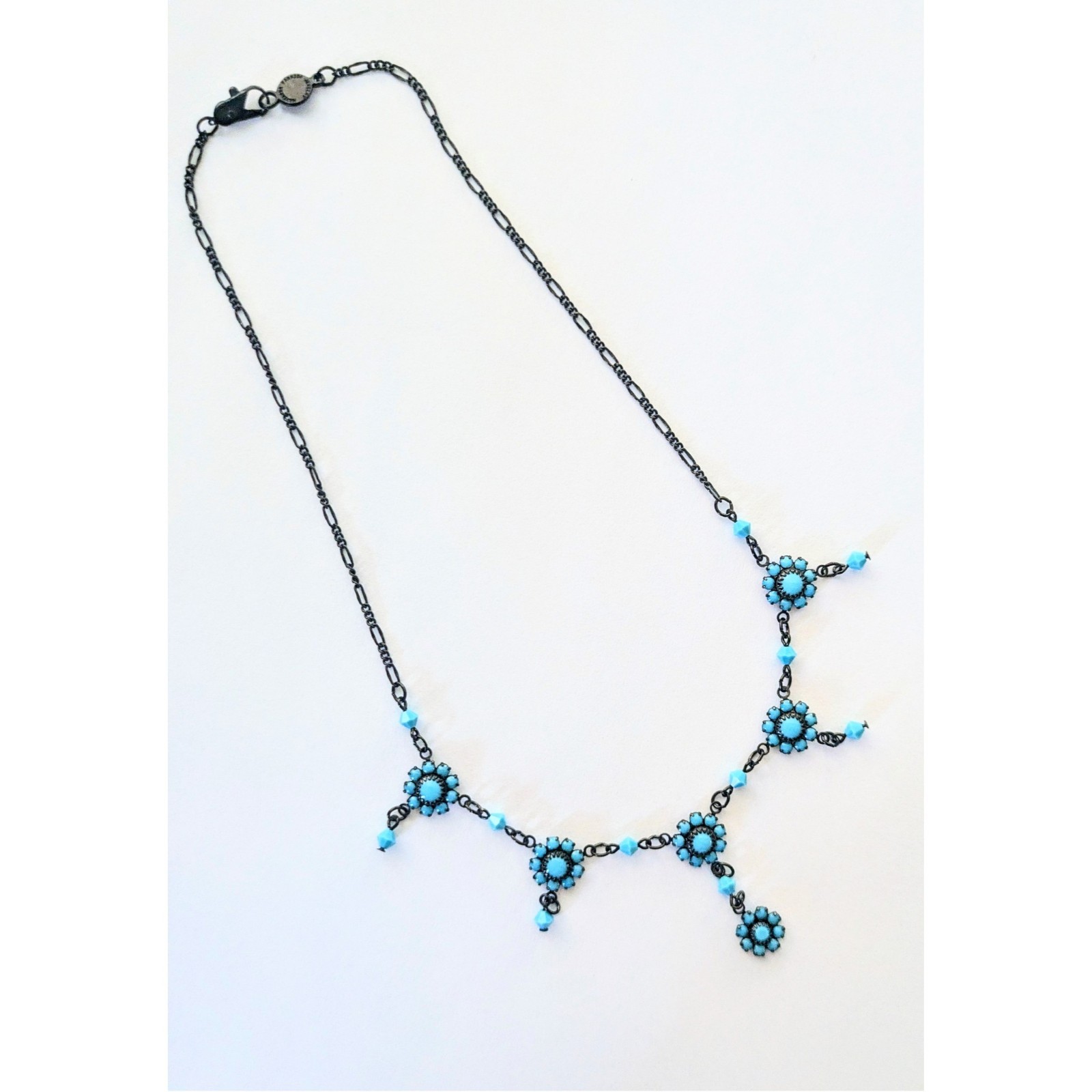AUSTRIAN CRYSTAL USA Black Tone Turquoise Crystal Dangle Necklace 16.25″