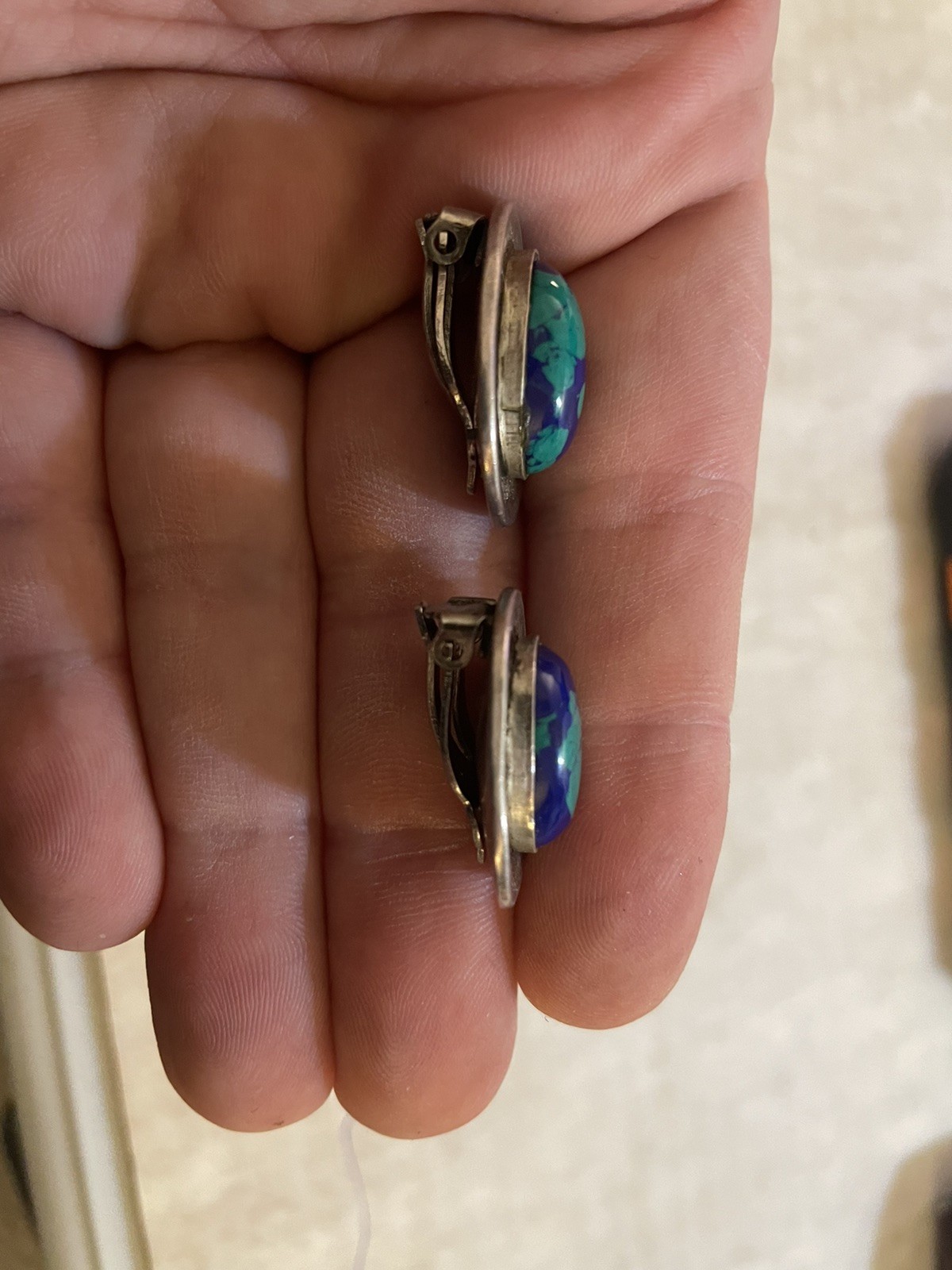 Vintage Sterling Azurite Heavy Clip On Earrings Mexico 925 TH-97 *See Pics/Notes