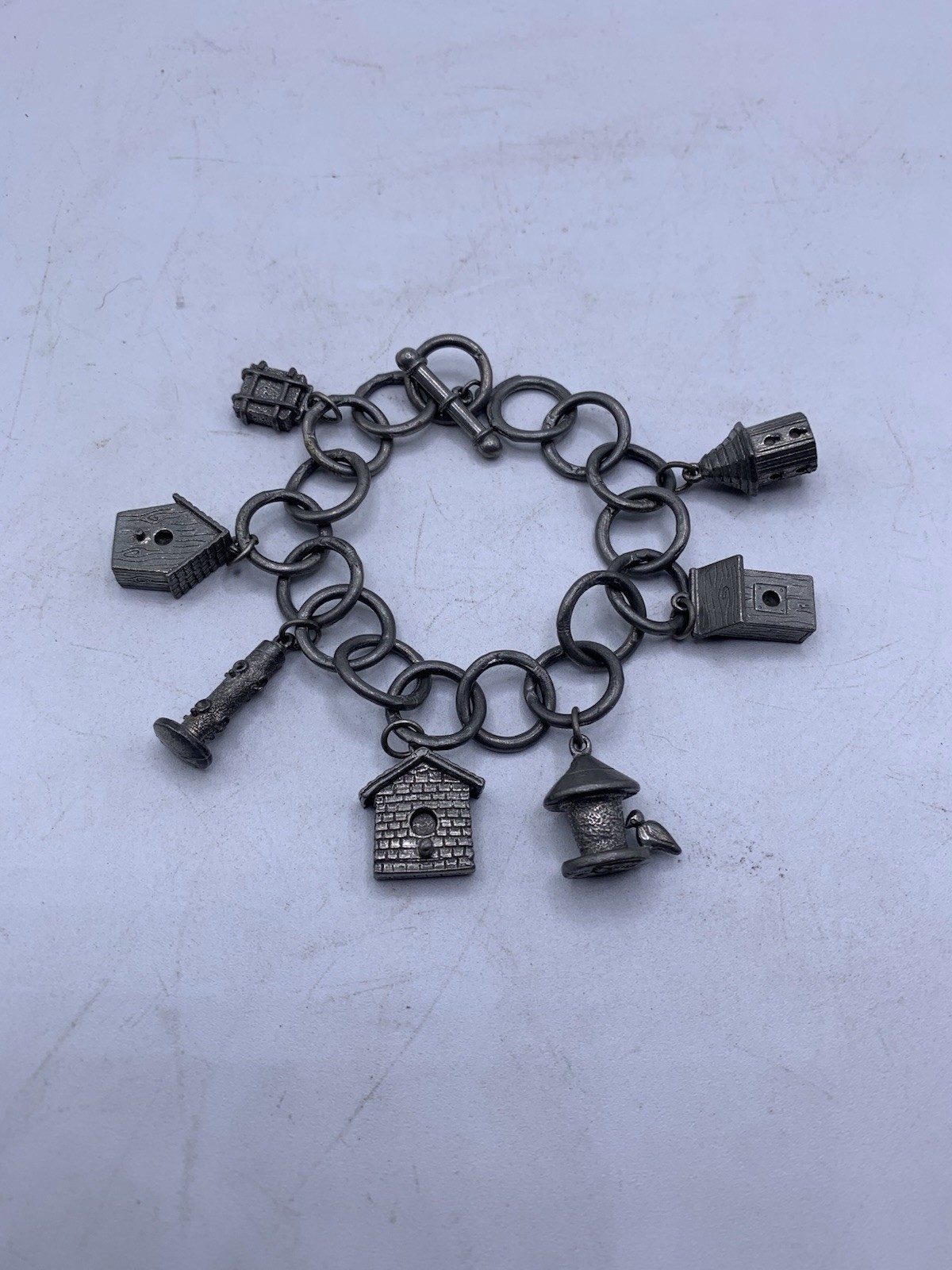 Jim Clift Birdhouse Bird lover Bird Feeder charm bracelet pewter silver toned