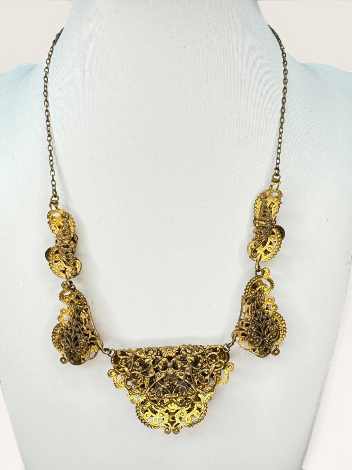 Brass Filigree Bib Festoon Necklace Coral Orange Glass Beads Art Deco
