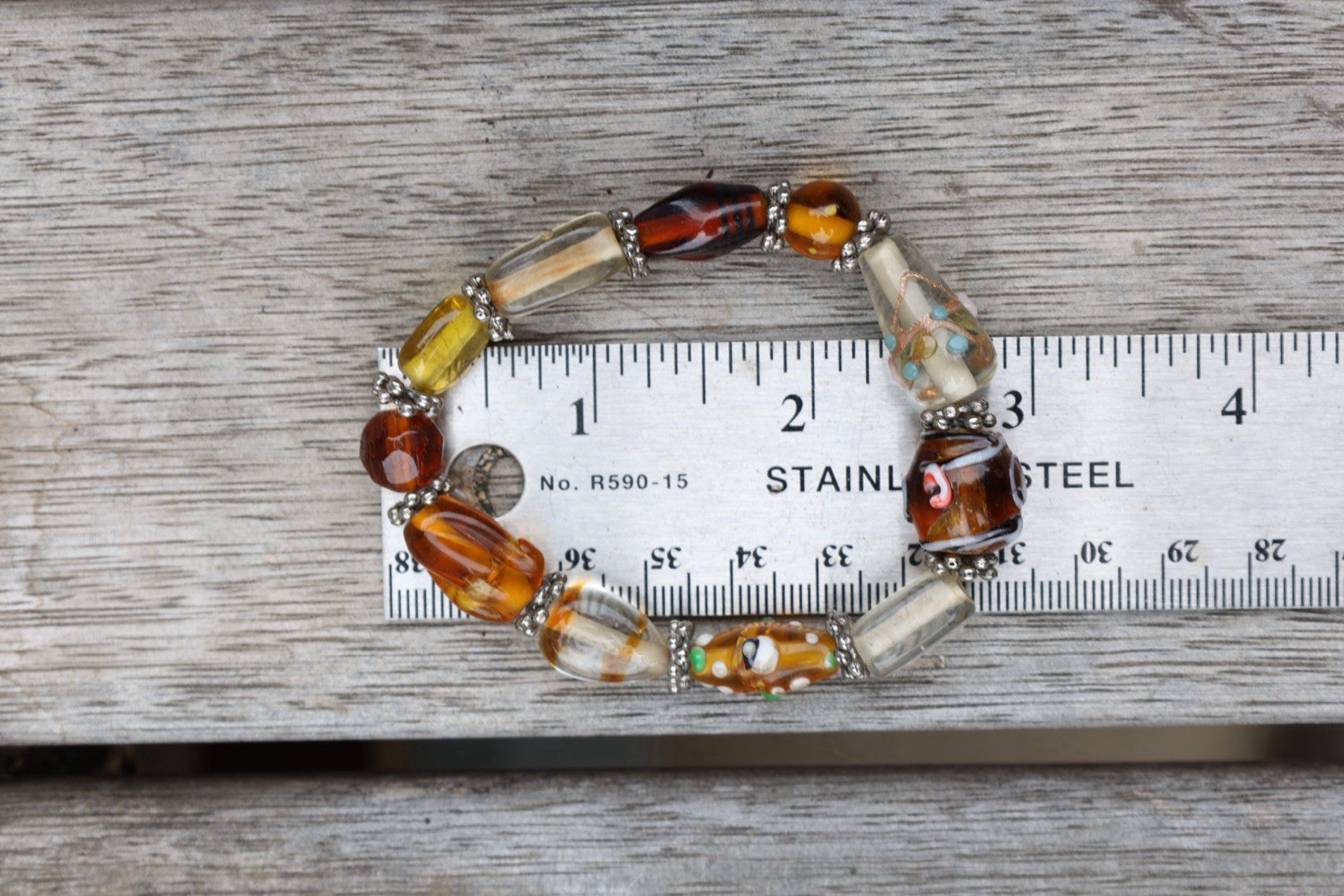Vintage Lampwork Art Glass Bead Bracelet Amber Millefiori Stretch Boho Statement