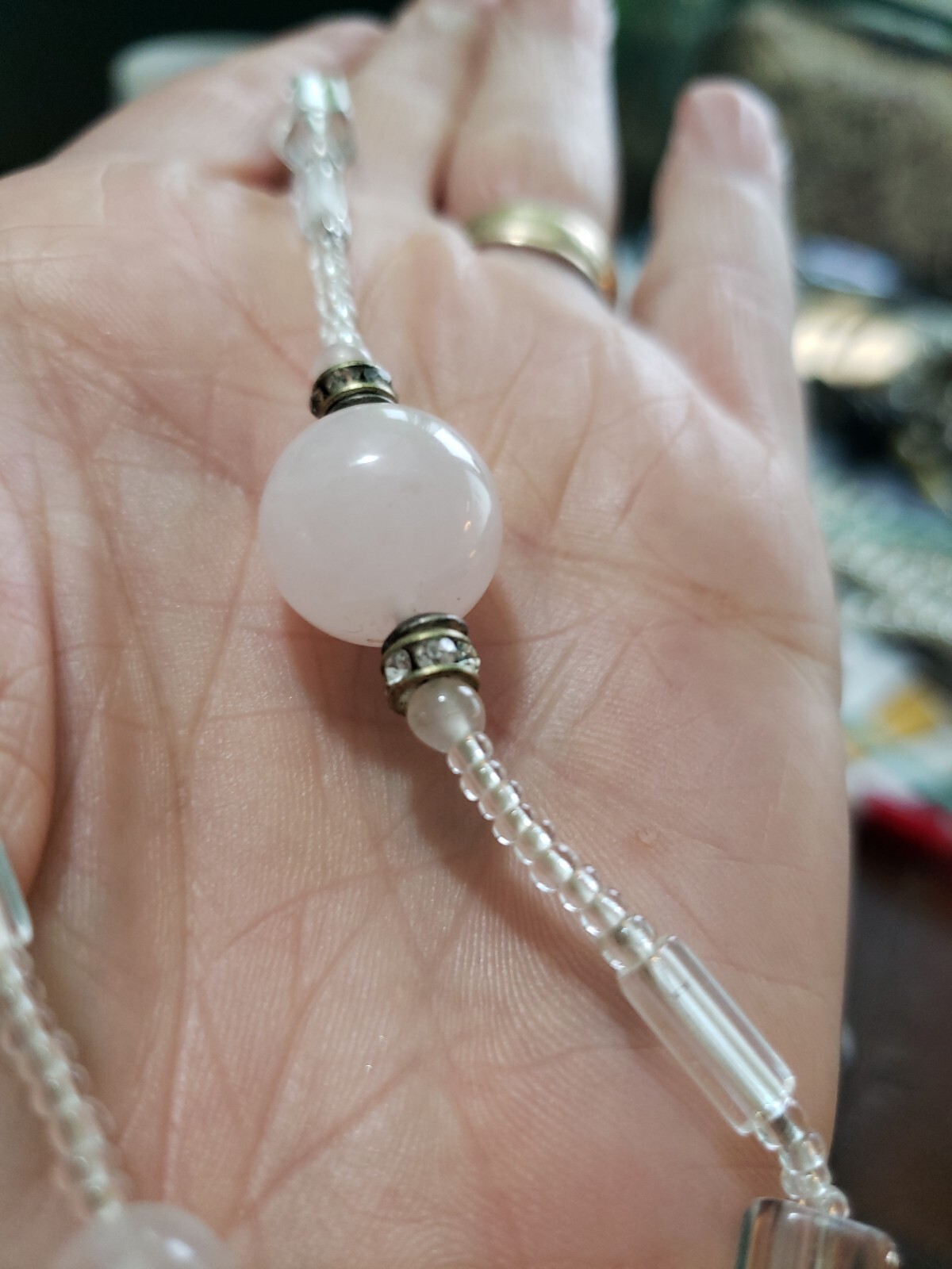 VTG ART GLASS BEAD NECKLACE Pink PateDeVerre/ Clear Sister Clasp Unsigned Beauty