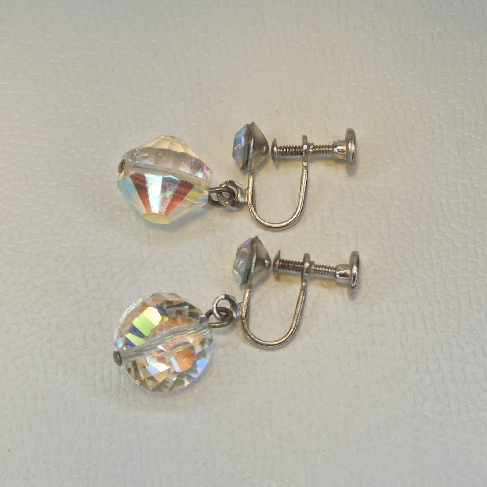 Clear Crystal Prism Earrings • Acrylic Dangle Ball • Silver Tone • 1 Inch
