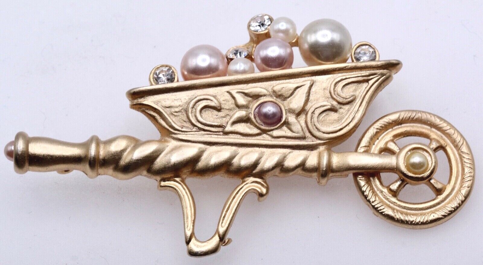 1928 Jewelry Vintage Style Wheelbarrow Brooch Pin Faux Pearl Pink White Crystal