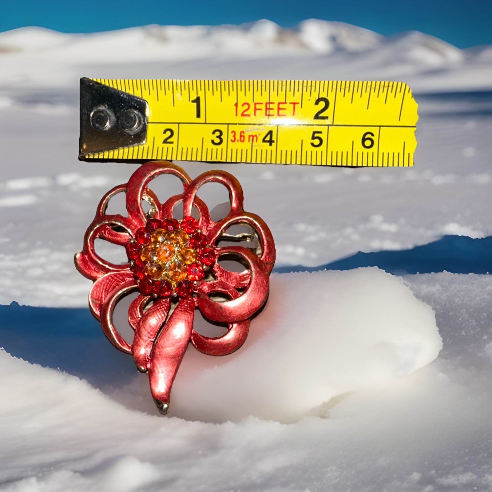 Vintage Brooch Red Ribbons Bow with Yellow & Red Center Stones