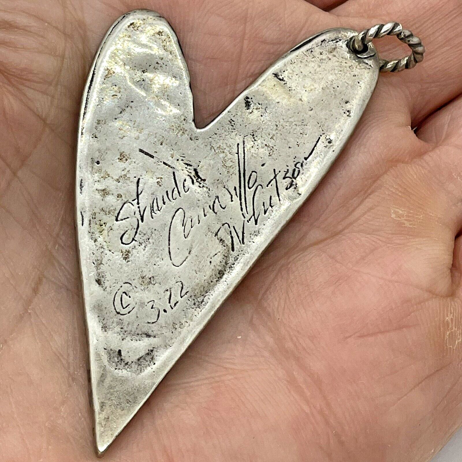 Large Vintage Hand Stamped Heart Sterling Pendant 21.4g Signed Shandon Watson