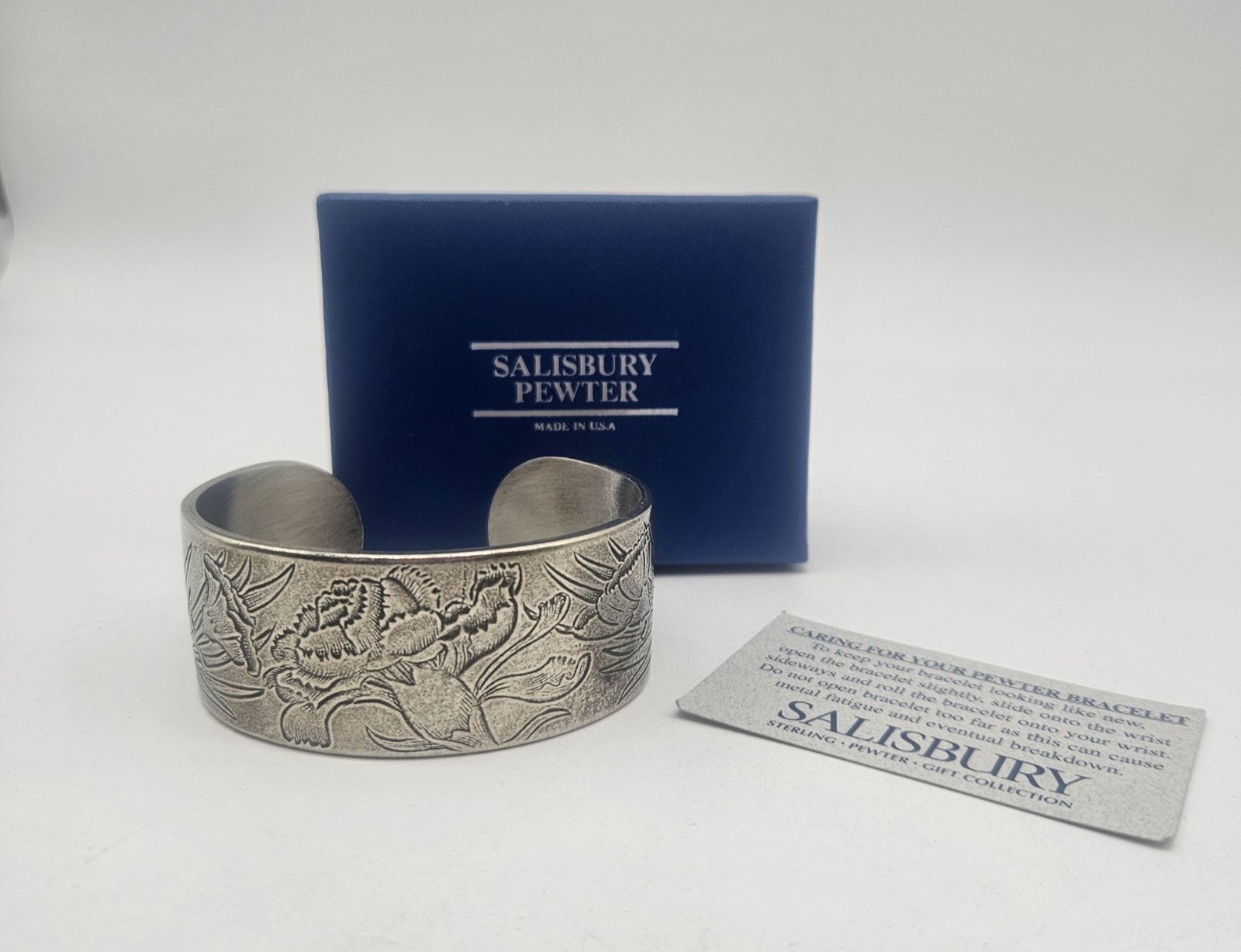 Salisbury Pewter Cuff Bracelet Birth Month Flower January Carnation Boxed