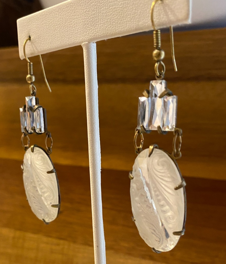 Glass Works Studio Earrings Frosted Clear Etched Faceted Glass & Rhinestones