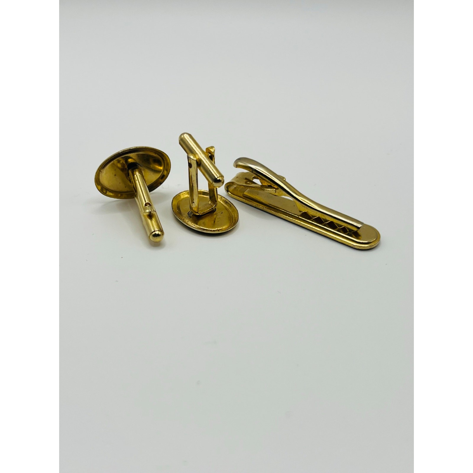 Vintage Gold Tone Blue Oval Cufflinks & Tie Clip Set | Mid Century Men’s