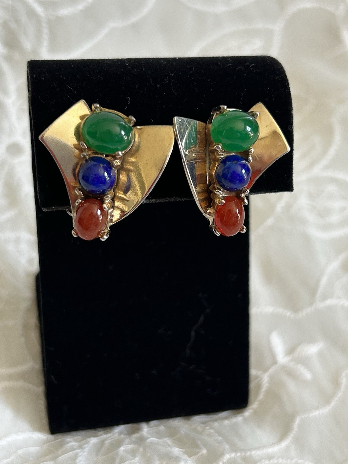 Vintage Multi Cabochon Clip Earrings Green Blue Red Fan Shield Gold Tone