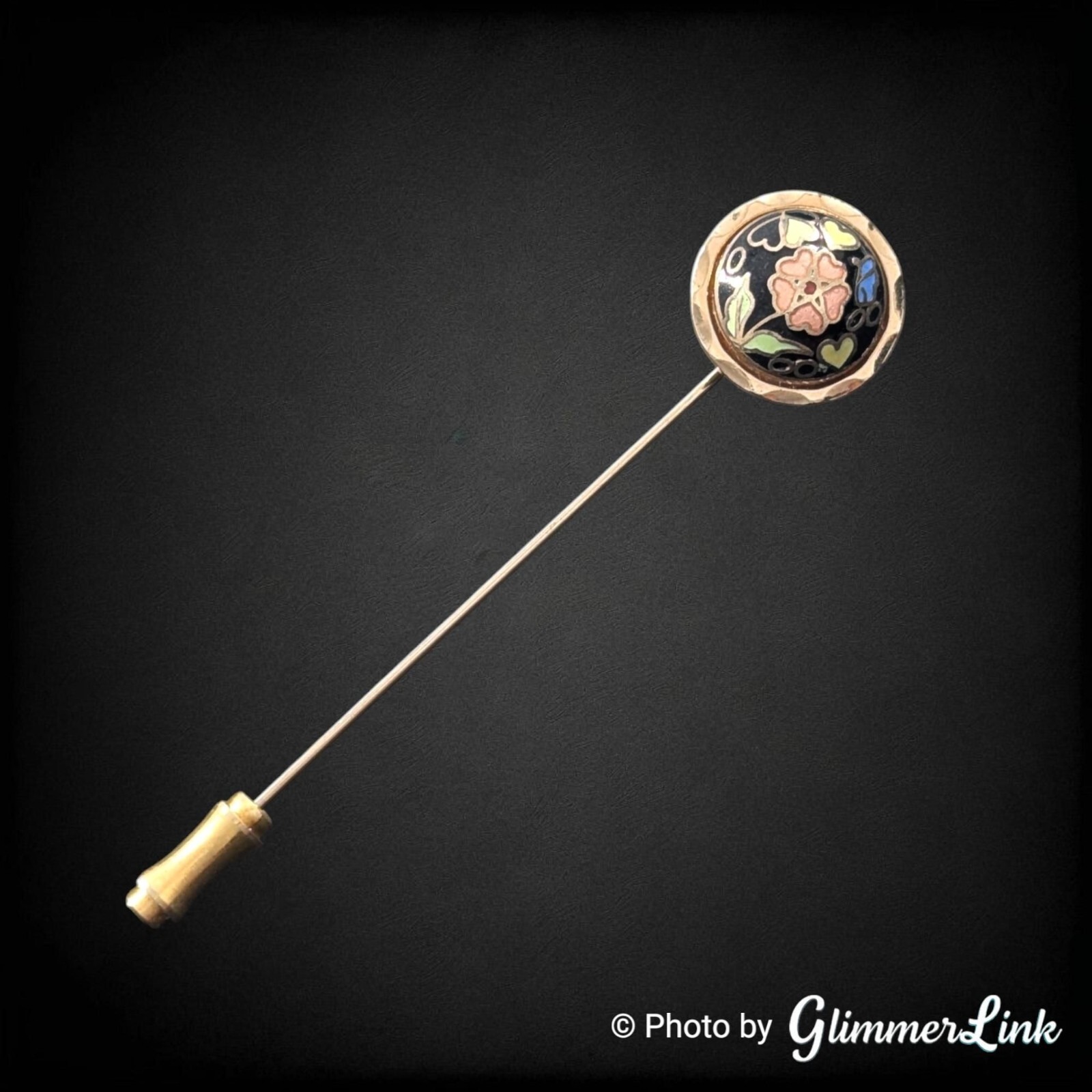 Vintage Round Floral Heart Multicolor Cloisonne Enamel Dome Gold Tone Stick Pin