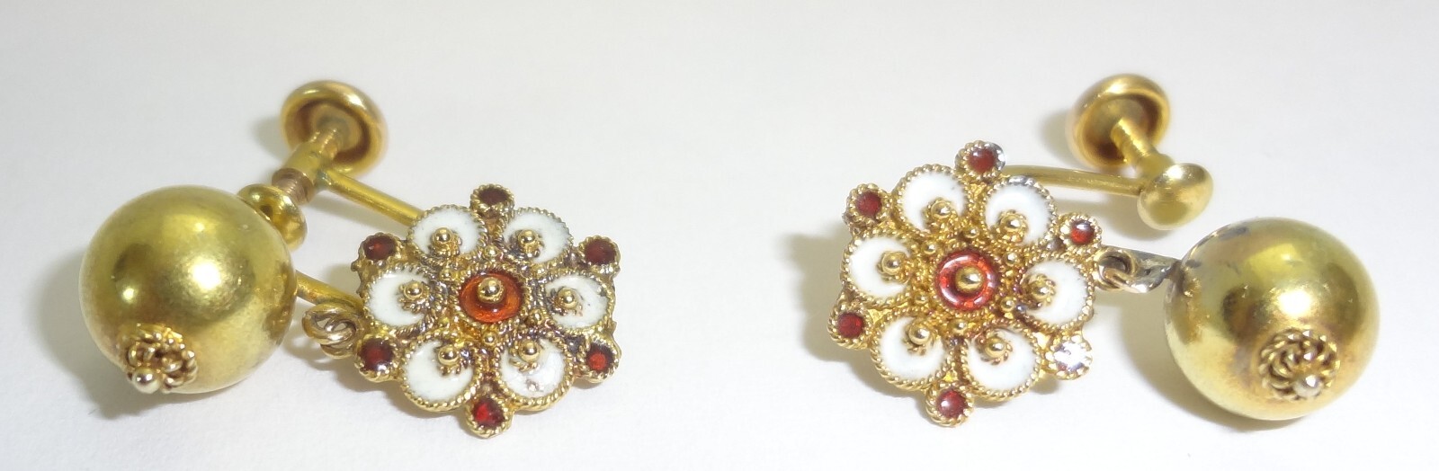 Vintage Etruscan Revival 10K Yellow Gold Red & White Enamel Screw Back Earrings