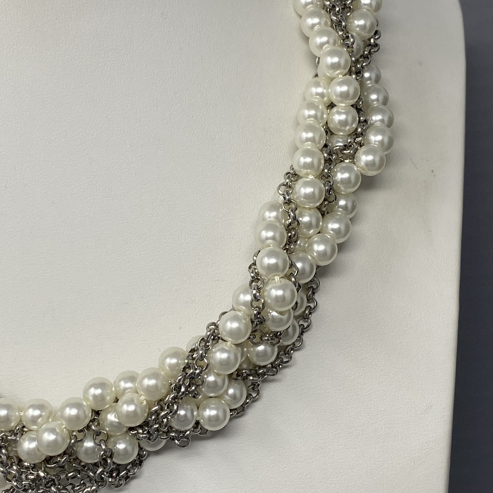 Sugarfix Baublebar Necklace Torsade Imitation Pearl Silver Tone Chain Twist 21″
