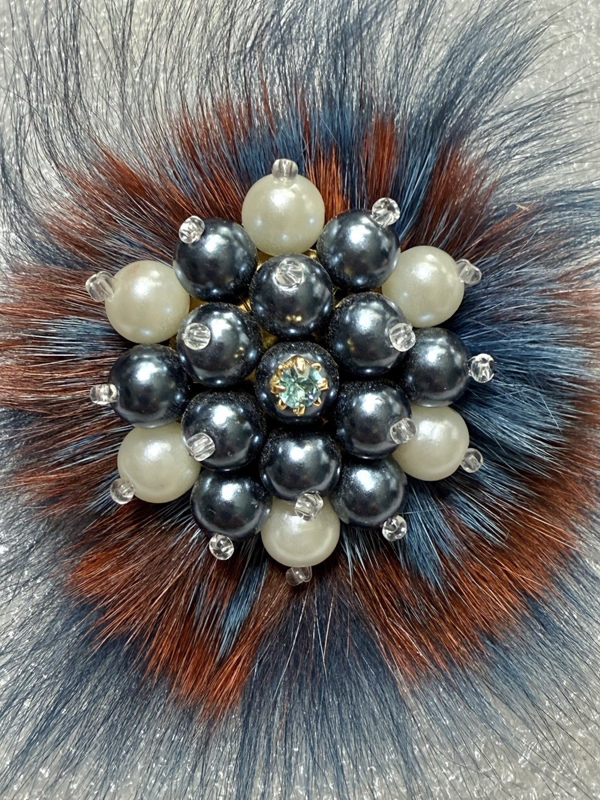 Faux FUR Red & Blue W/Glass Pearls & Rhinestone 3” Brooch/Hair Clip