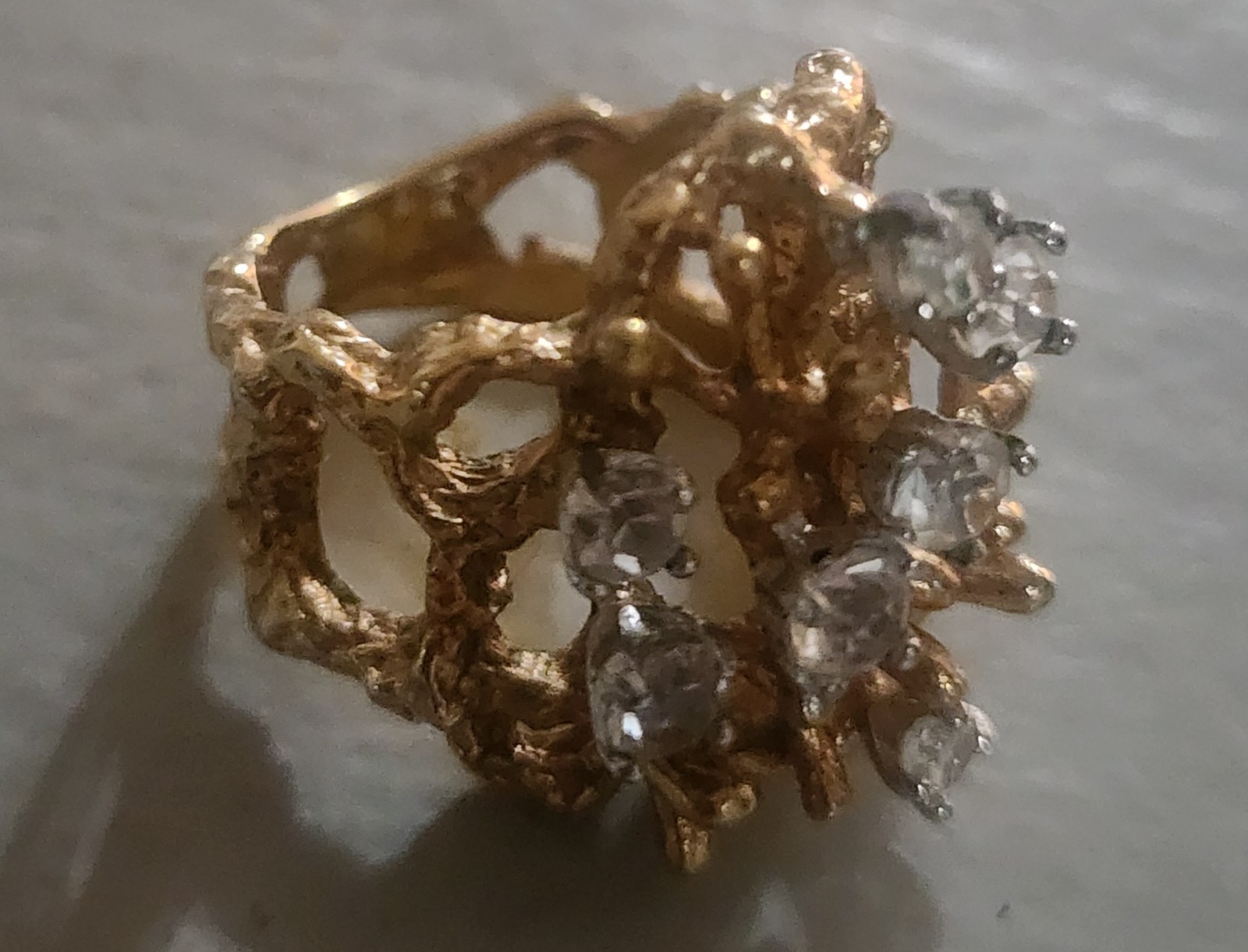 Vintage CZ Brutalist Cocktail Nugget Ring 18k HGE Gold Electroplate Size 4.75
