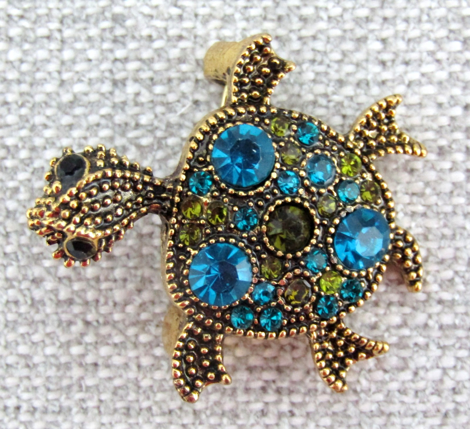 (2) Turtle Brooch Pin Multi-Colored Gemstones Antique Gold Tone Metal