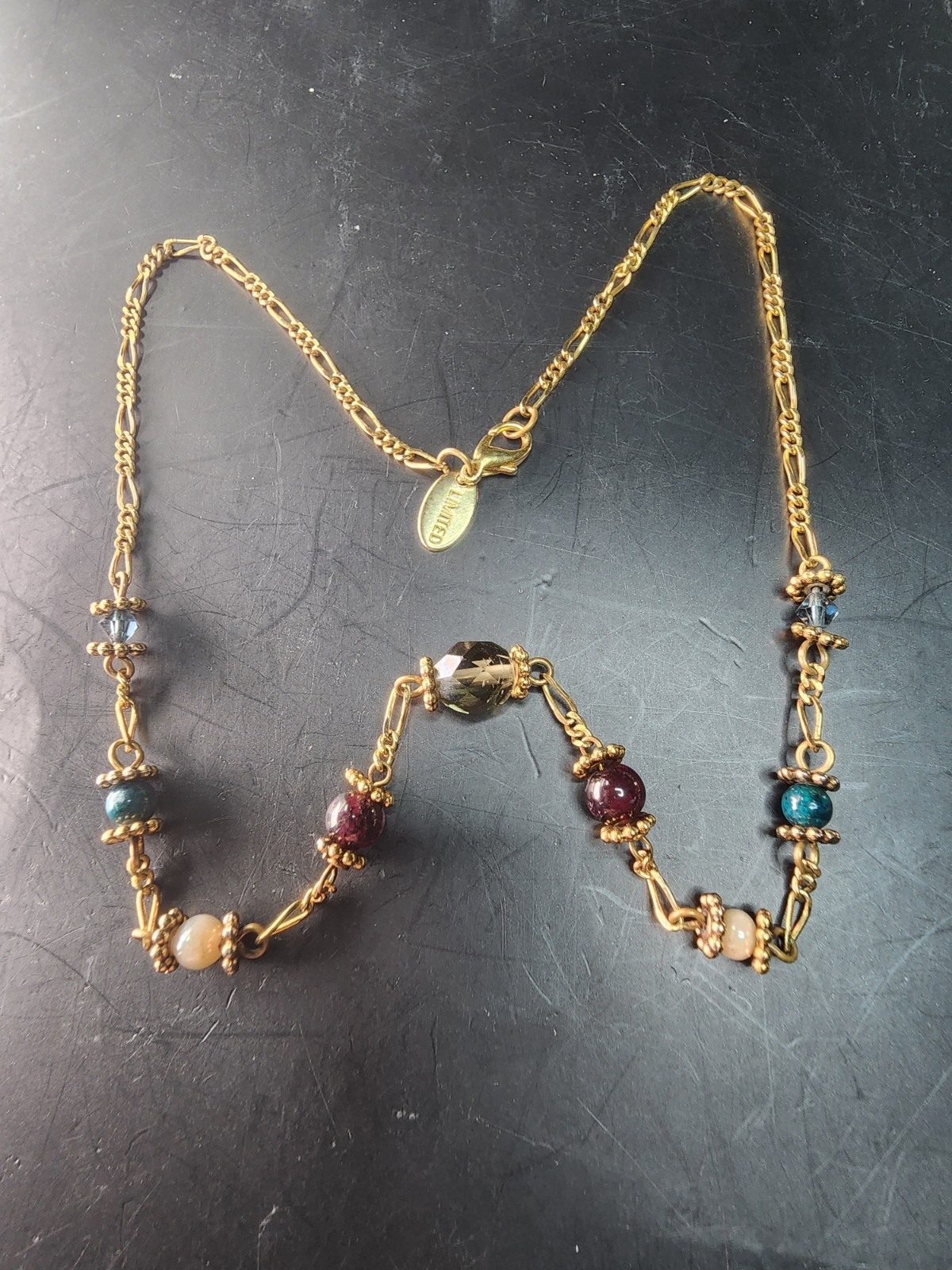 Y2K Jewel Tone Choker Necklace Gold Plate Figaro Chain Amethyst & Glass 15″
