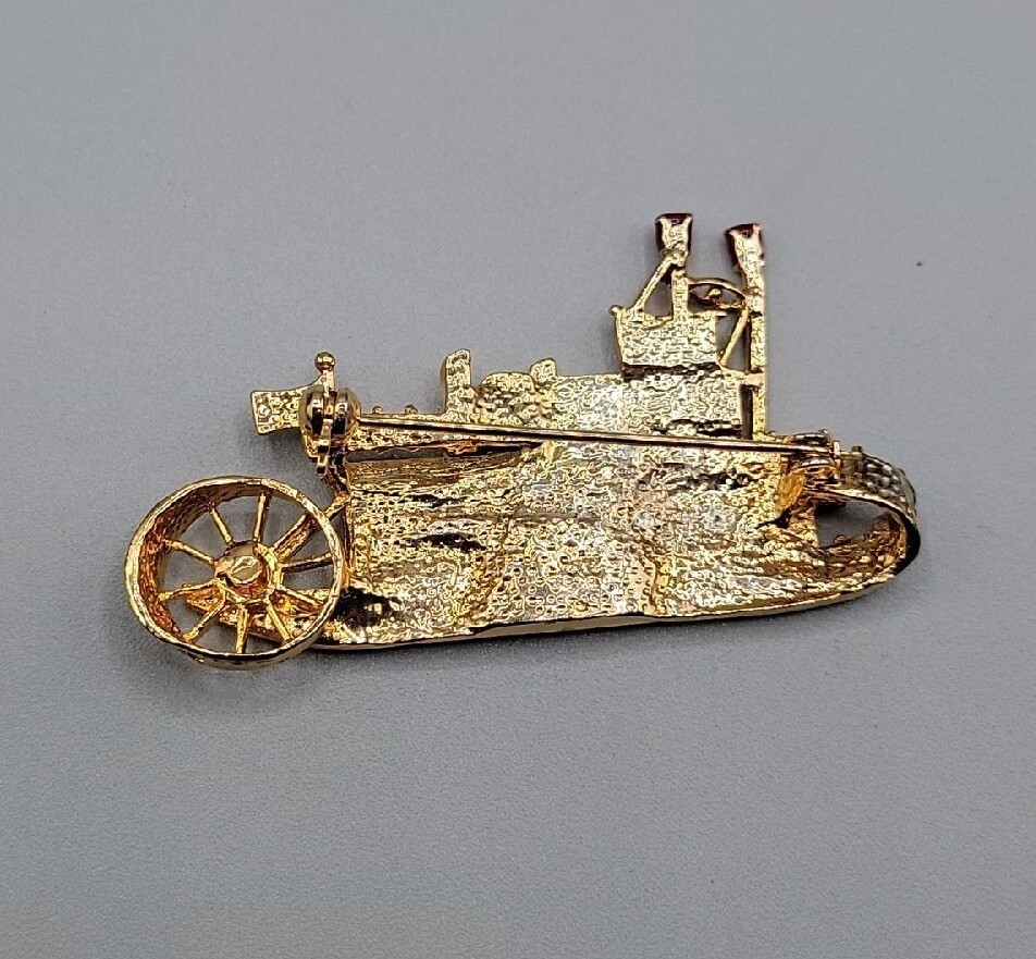 Vintage L-S Louis Stern Steamboat Brooch Pin Rhinestone Studded Gold Tone Estate