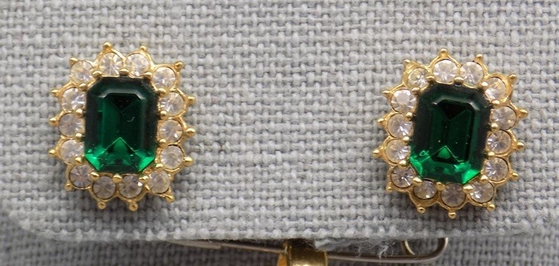 Emerald Green & Clear CZ Roman Signed Pendant & Pierced Earrings Set Rhinestone
