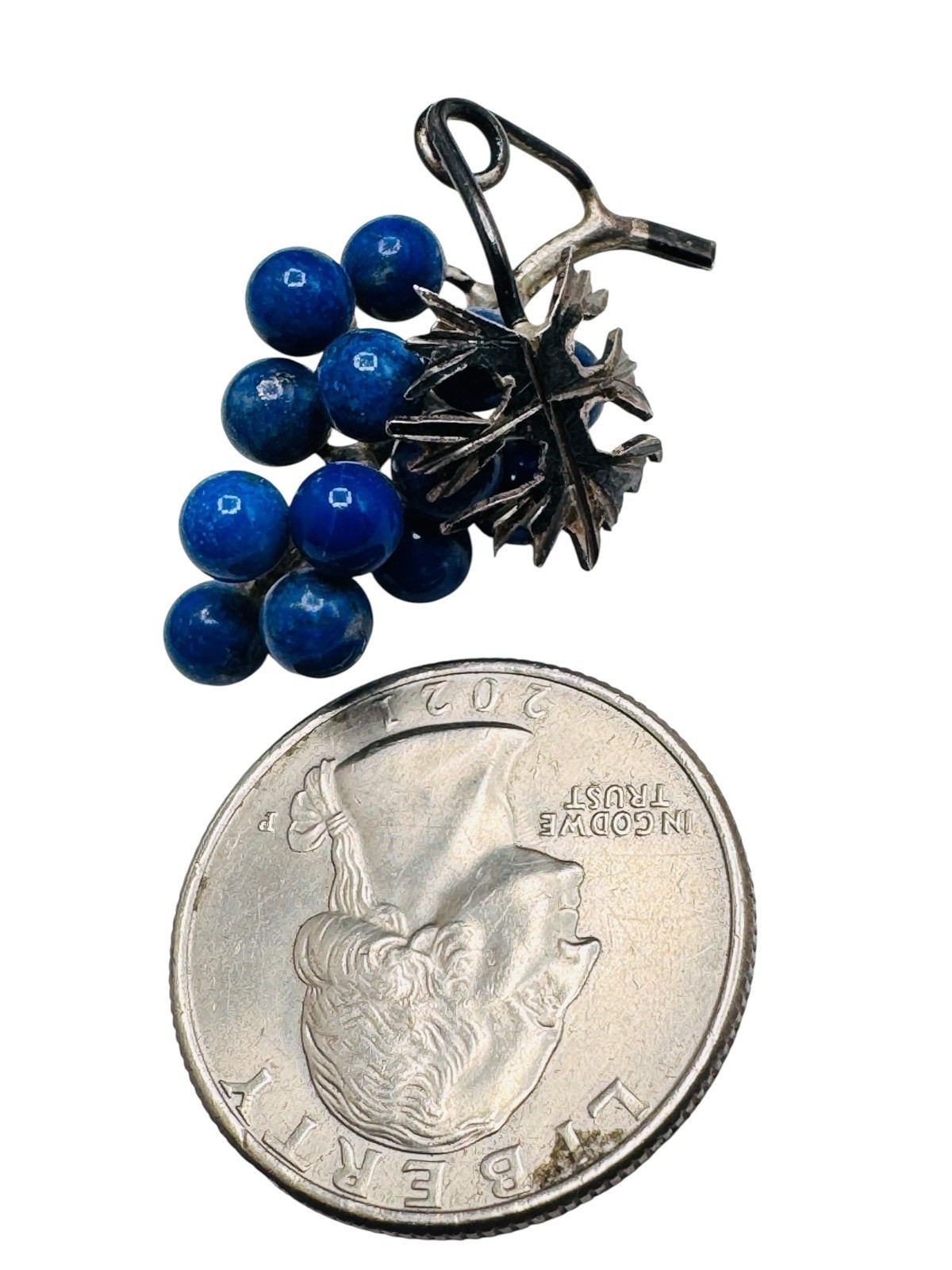 Vintage Silver Lapis Stone Grapes Leaf Pendant