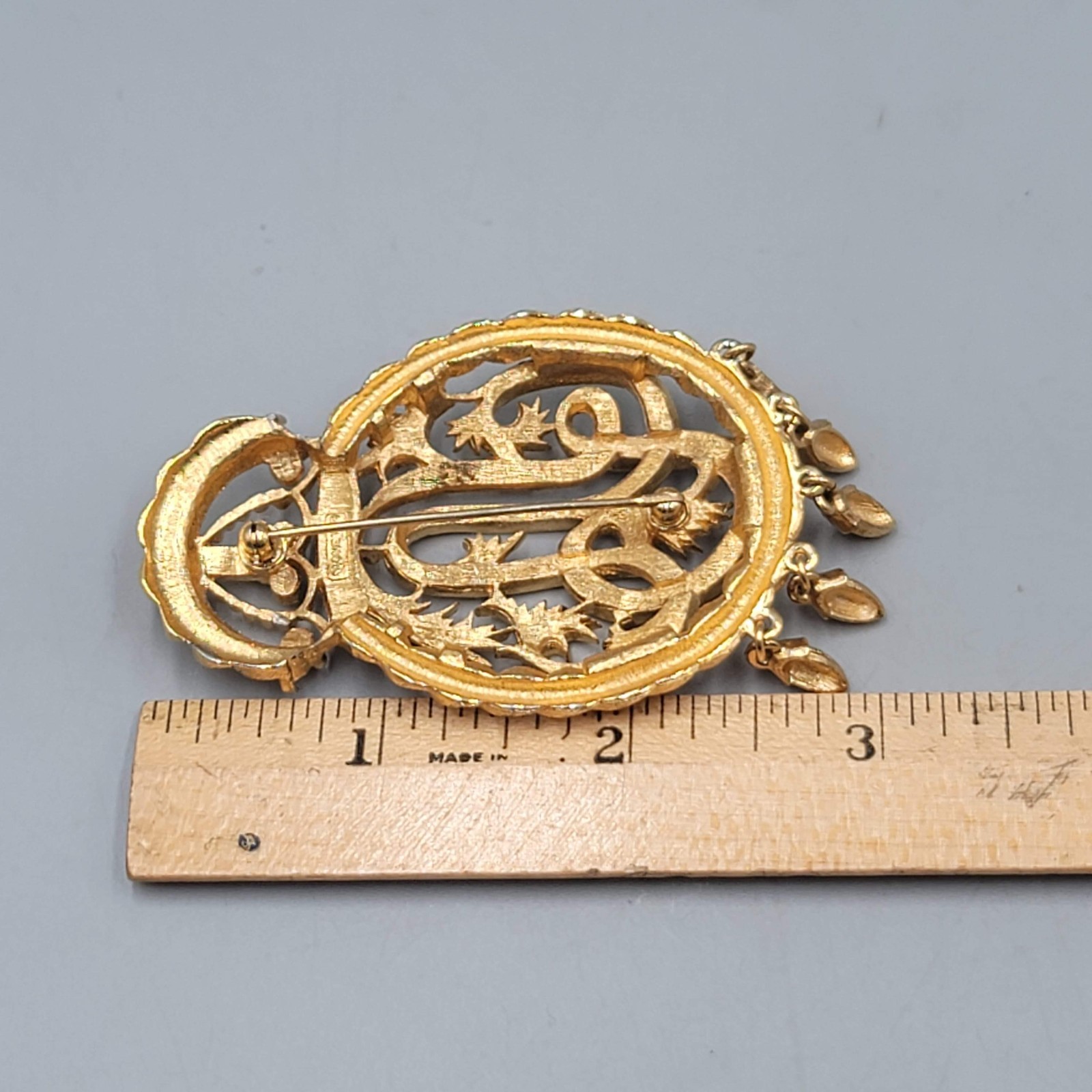 Vintage Monet Textured Gold Floral Brooch Dangling Chain Tassels 3″