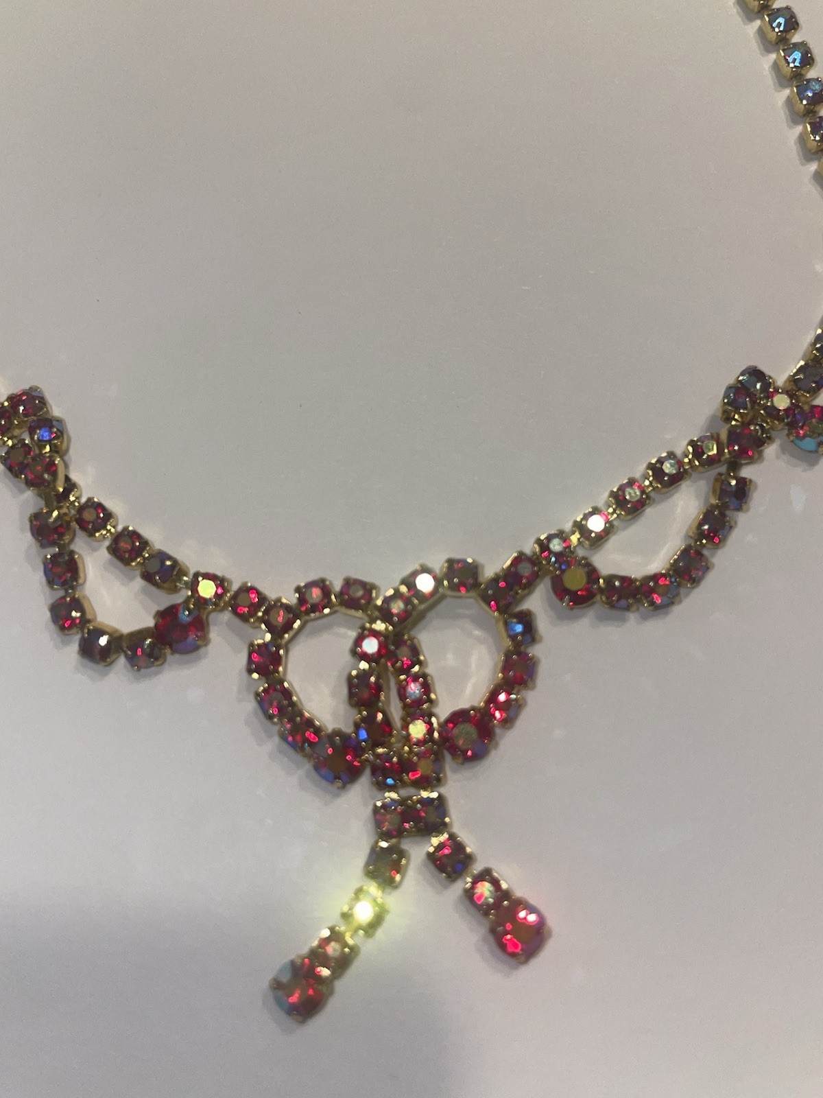 Vintage Red AB Rhinestone Necklace Mid Century Gold Tone Statement Piece Bow