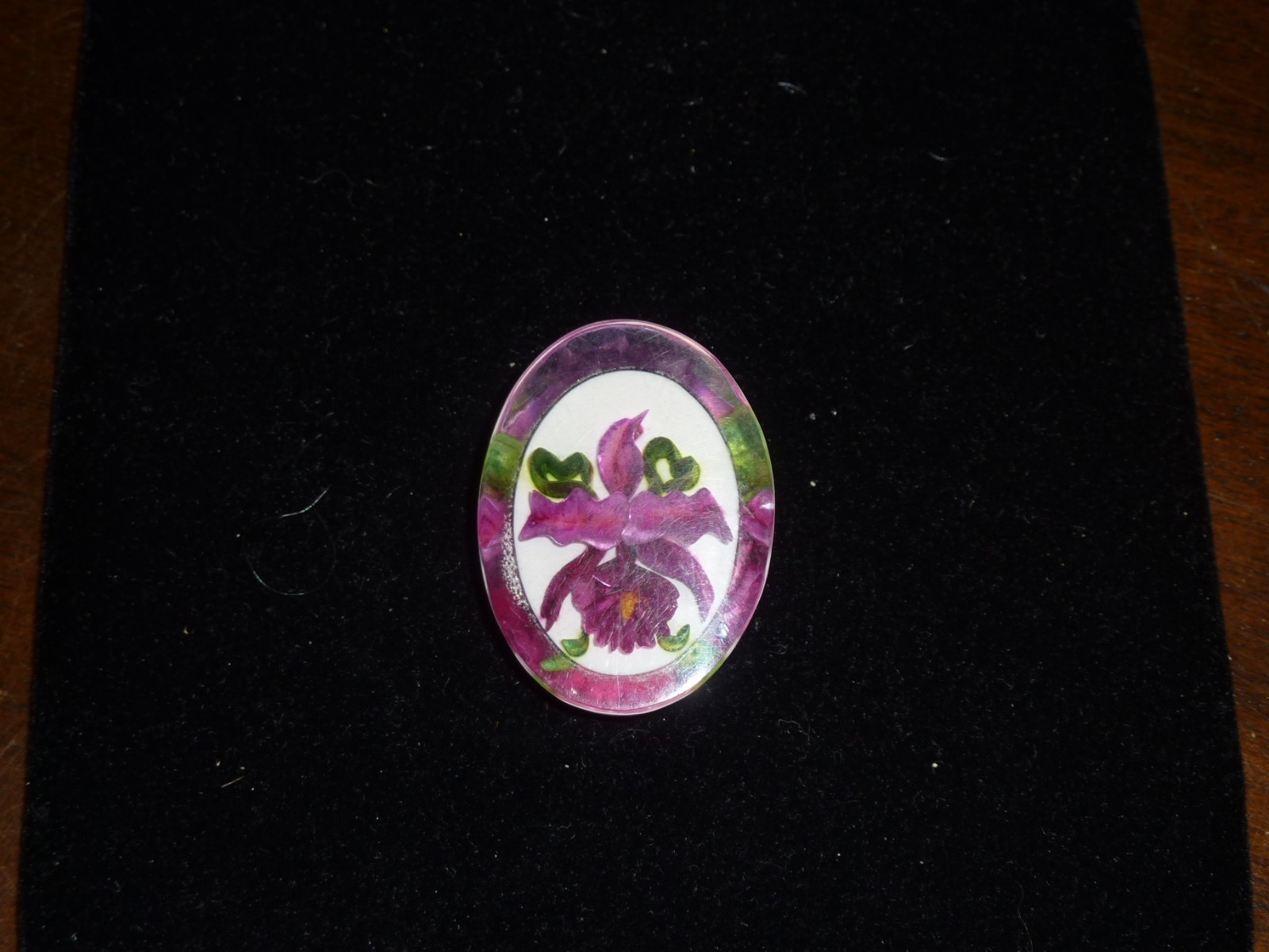 Lucite oval reverse carved purple cattleya orchid pin brooch