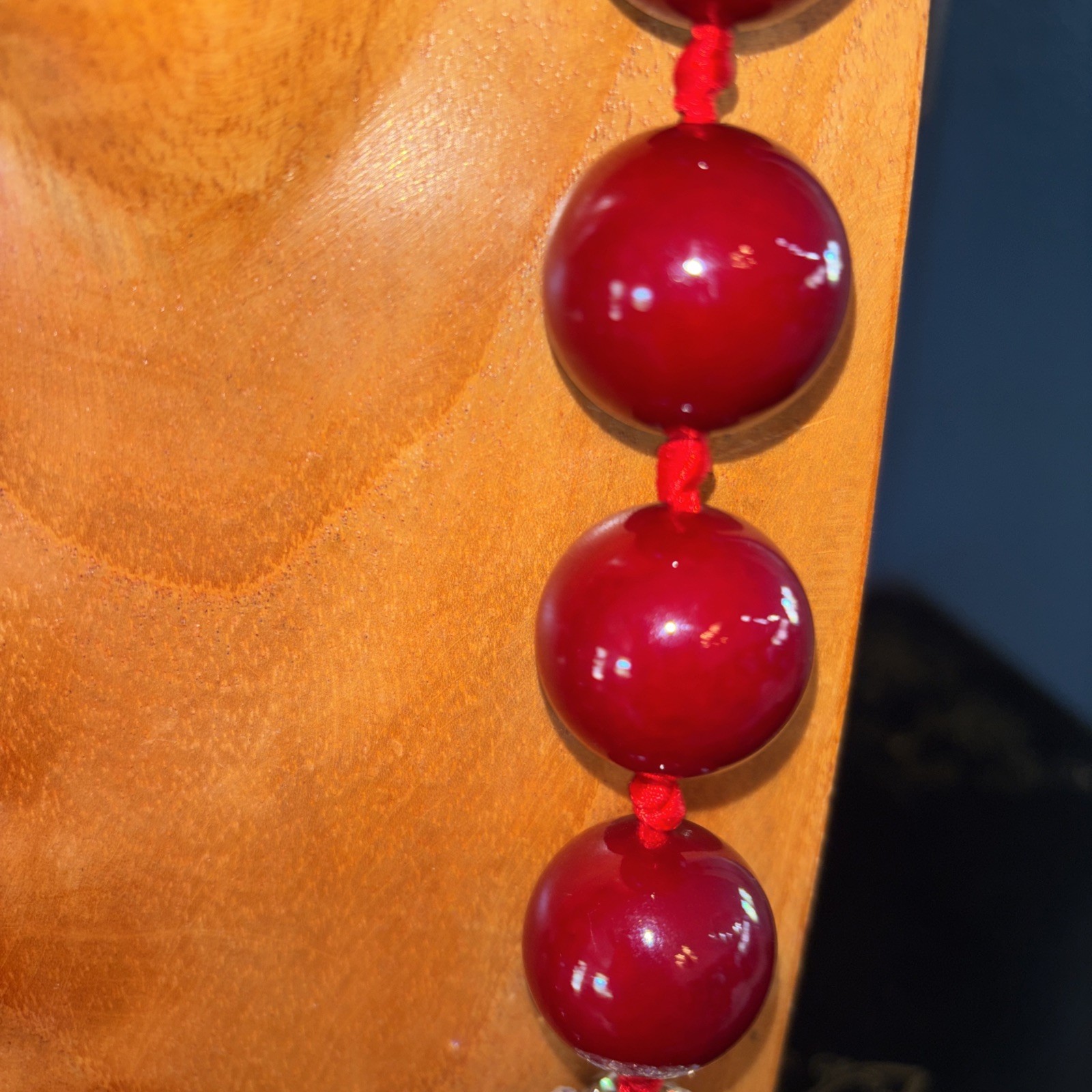 Vintage Inspired Red Resin Hand Knotted Necklace With Rinestone Accent
