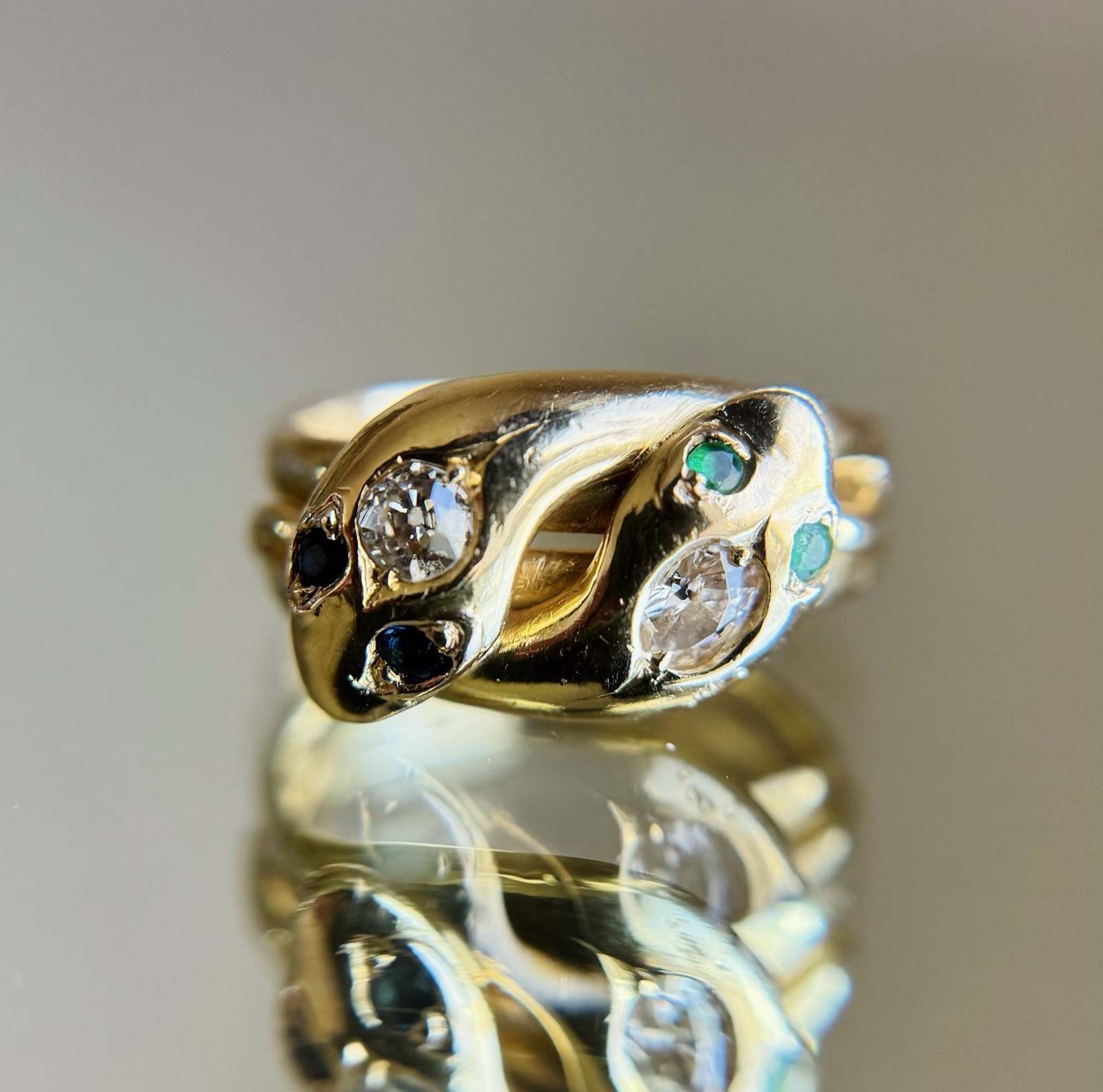 Antique Victorian 18K Gold Diamond Sapphire Emerald Double Snake Ring Sz 7.75 8g
