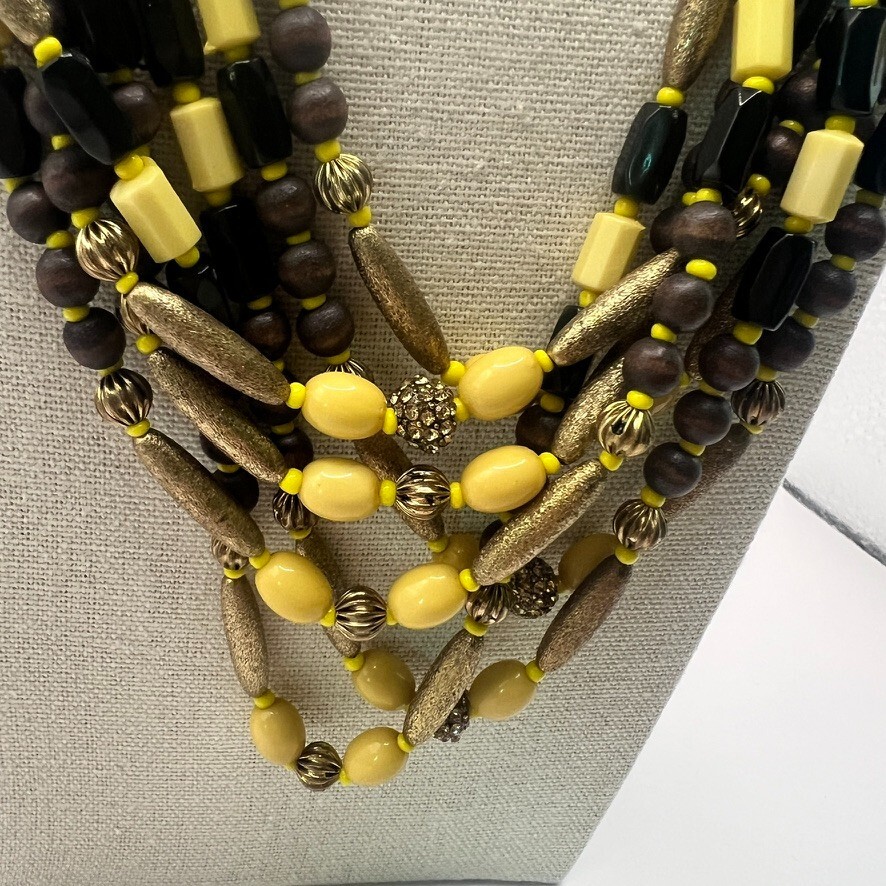 Vintage Boho Multi-Strand Necklace Yellow Black Natural Wood Seed Beads Earthy