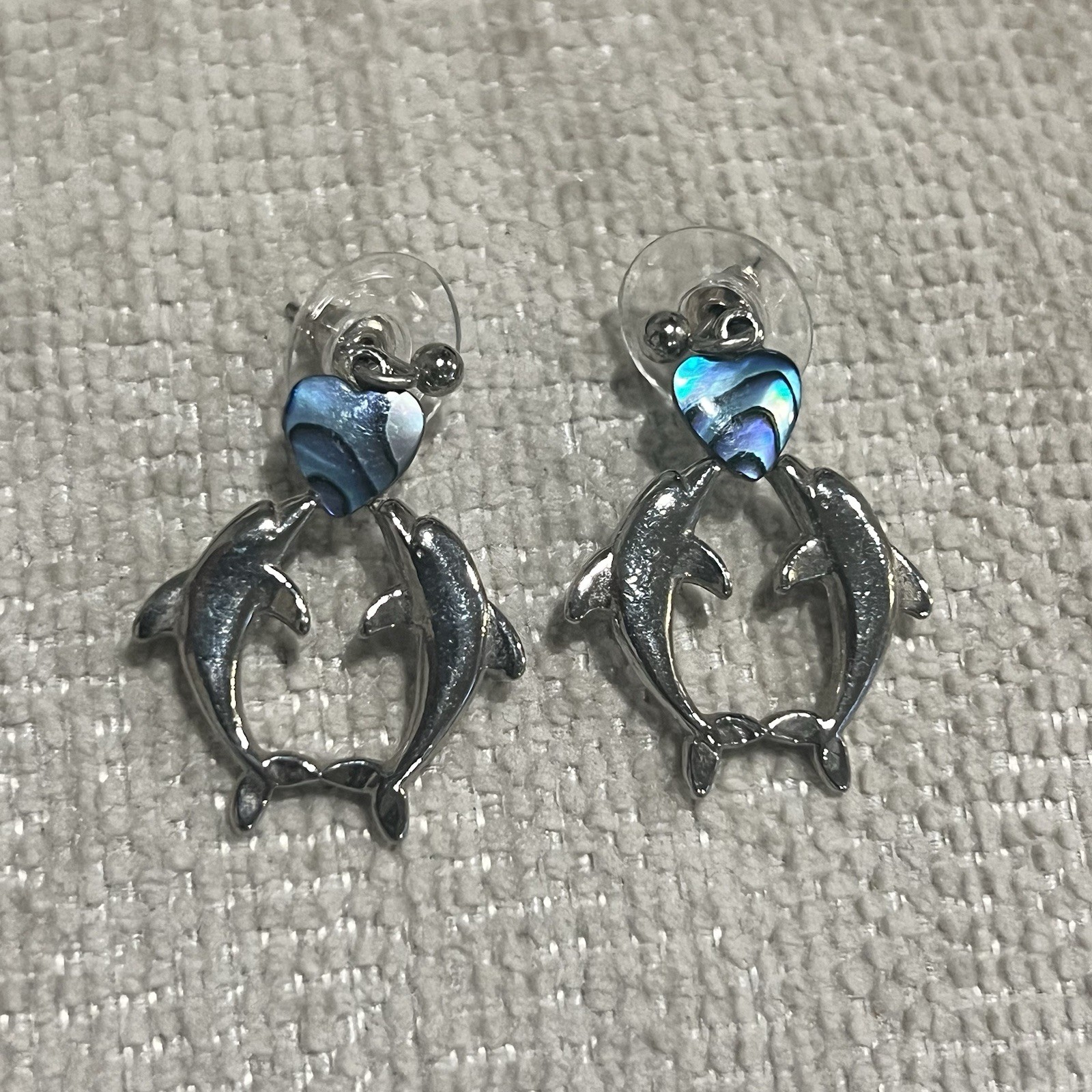 Vintage Weekenders Paua Shell Kissing Dolphins Heart Dangle Earrings Silver Tone