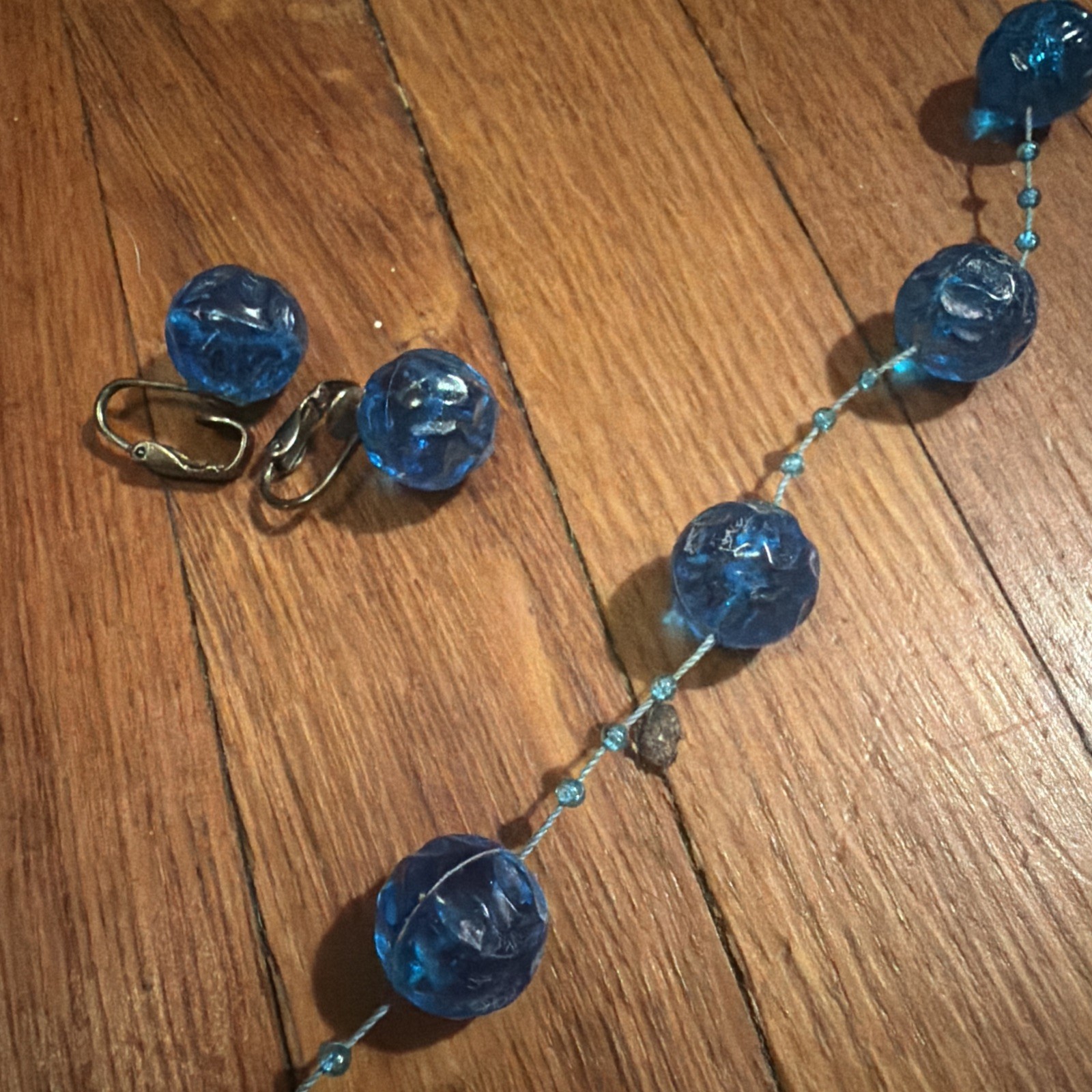 Antique Art Deco Blue Moulded Crackle Bead Satoir Necklace earrings Set Vintage