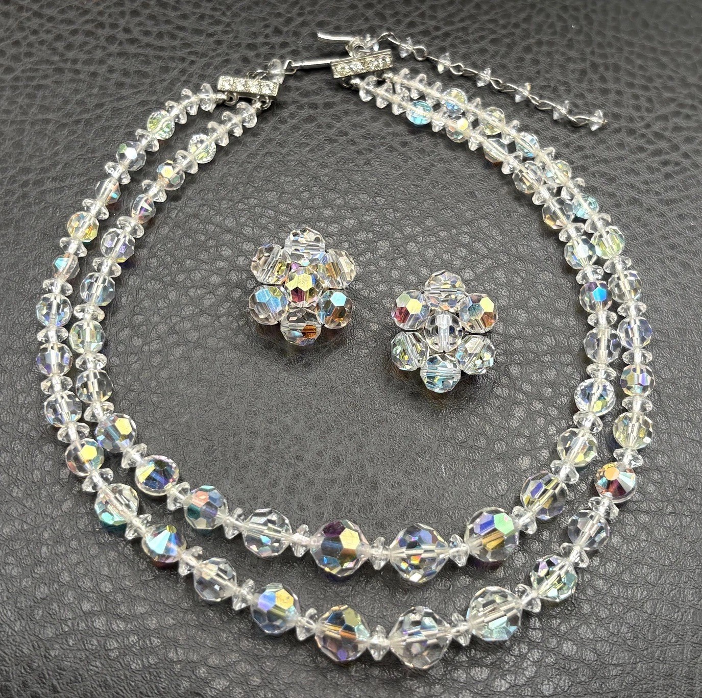 Vintage Aurora Borealis Crystal 2 Double Strand Necklace & Clip-On Earrings Set